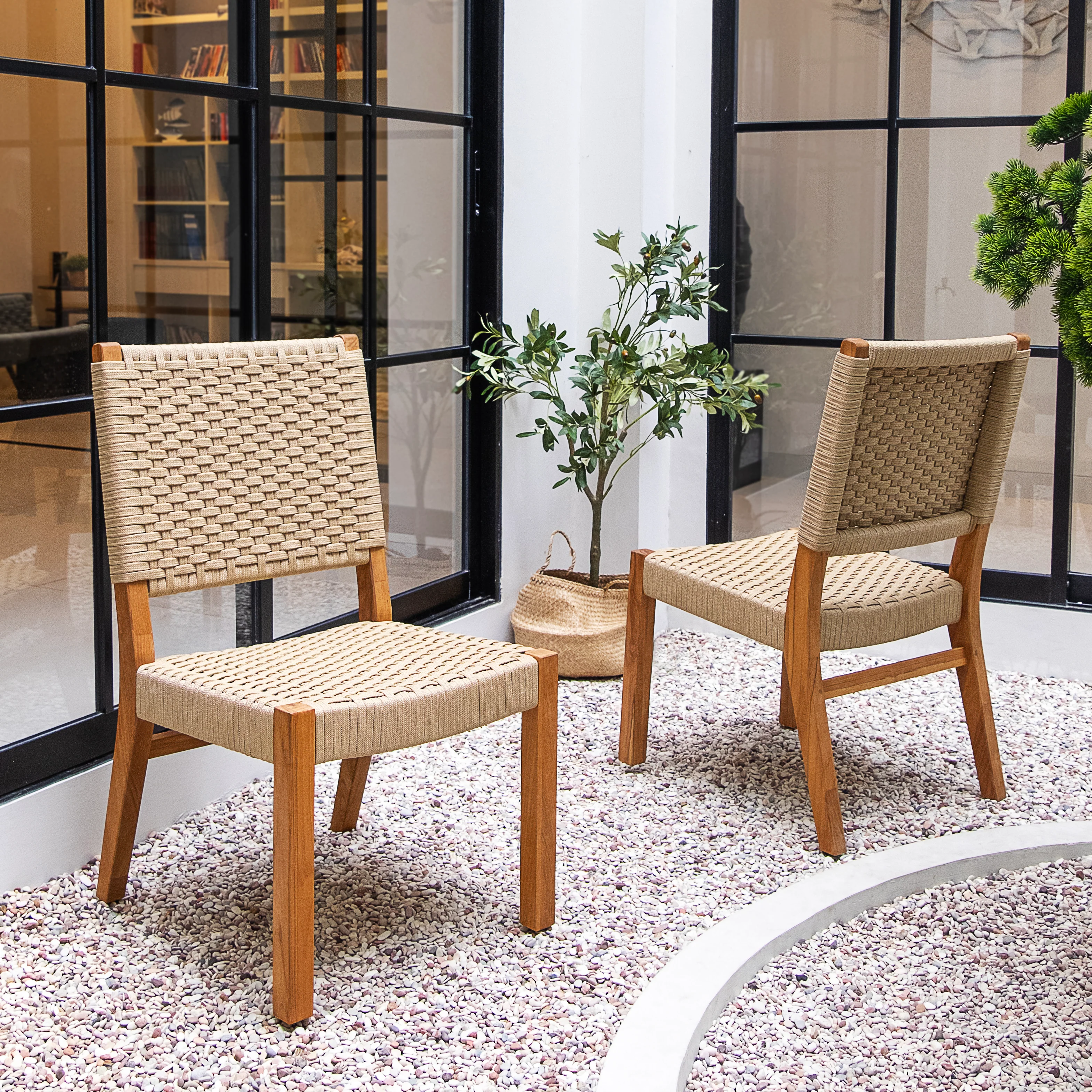 Eden Teak Wood 6 Pieces Outdoor Dining Set with Tan Polyrope - Image 3