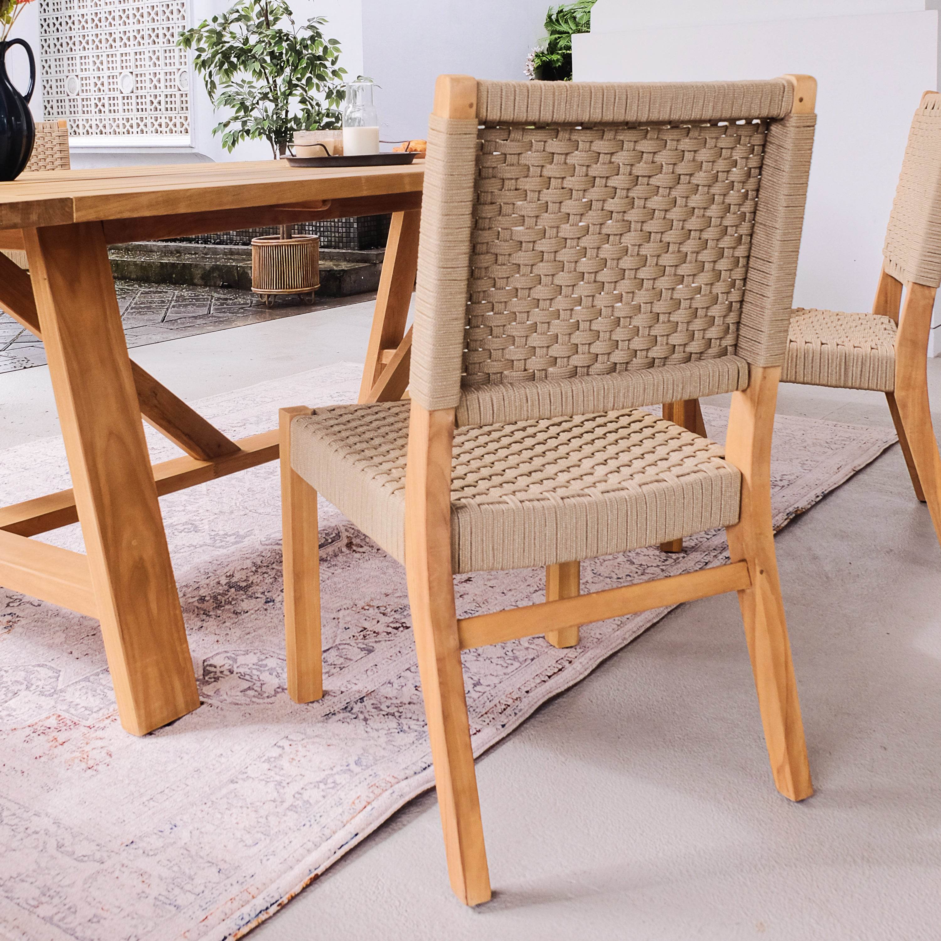 Eden Teak Wood 7 Piece Outdoor Dining Set with Tan Polyrope - Image 11
