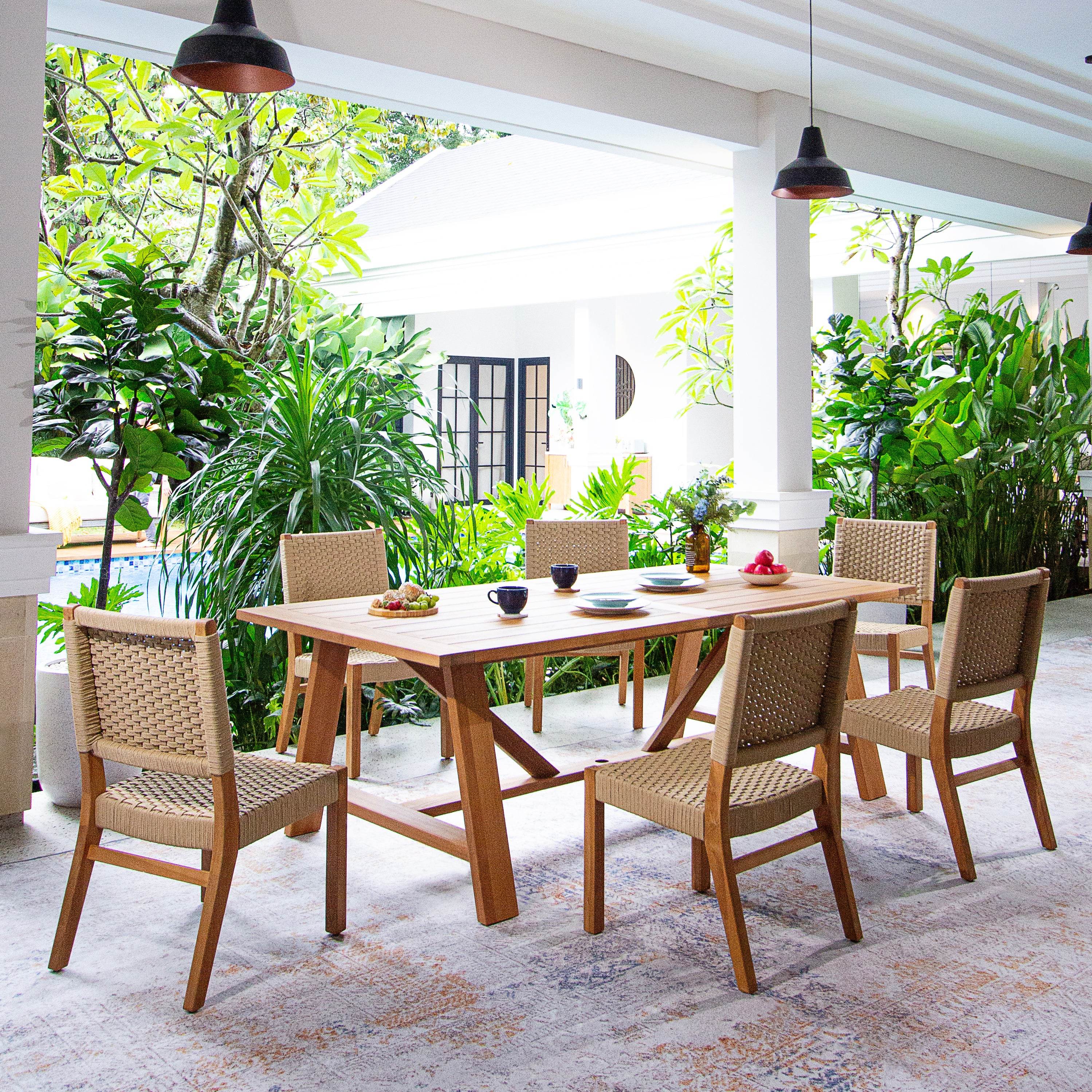 Eden Teak Wood 7 Piece Outdoor Dining Set with Tan Polyrope - Image 3