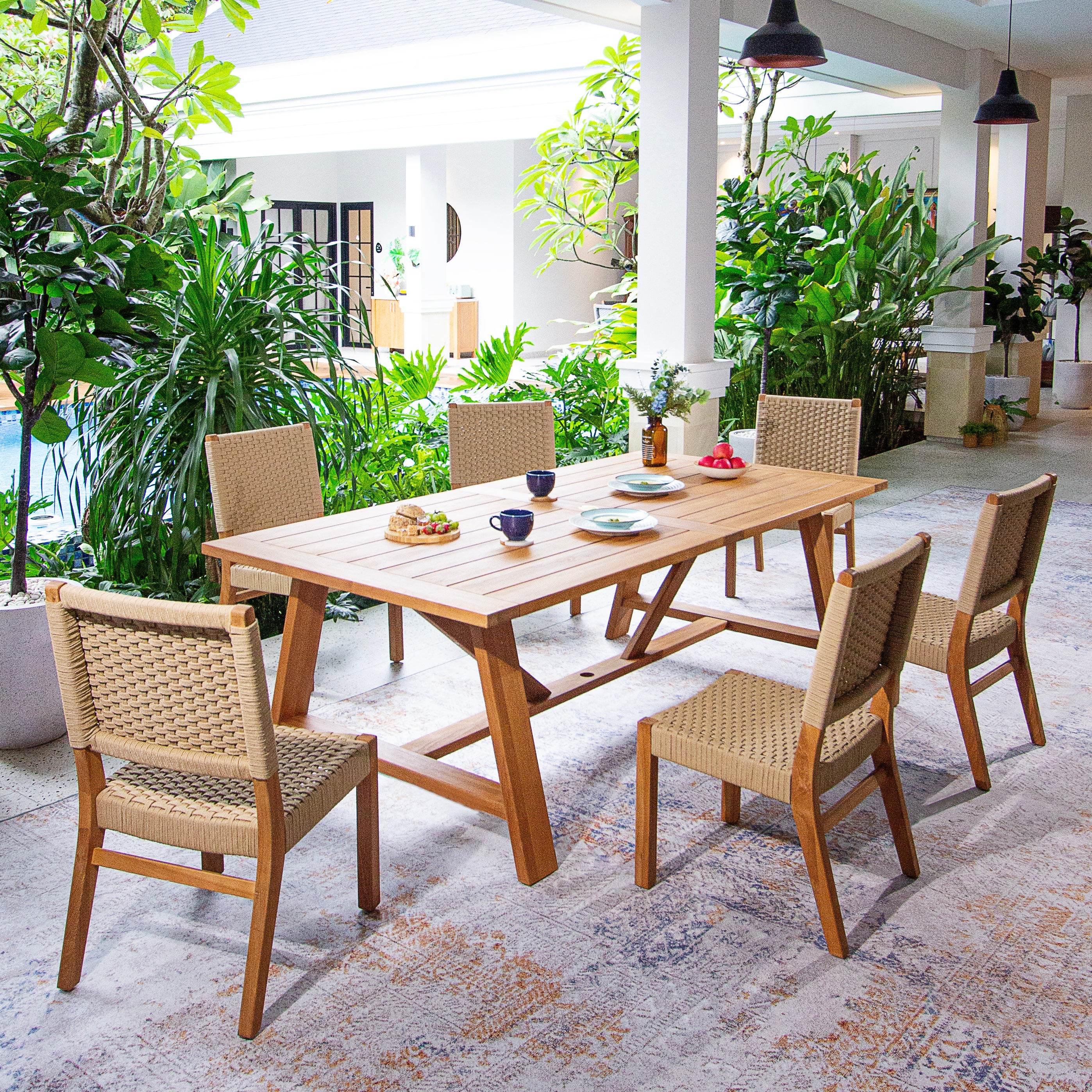 Eden Teak Wood 7 Piece Outdoor Dining Set with Tan Polyrope - Image 4
