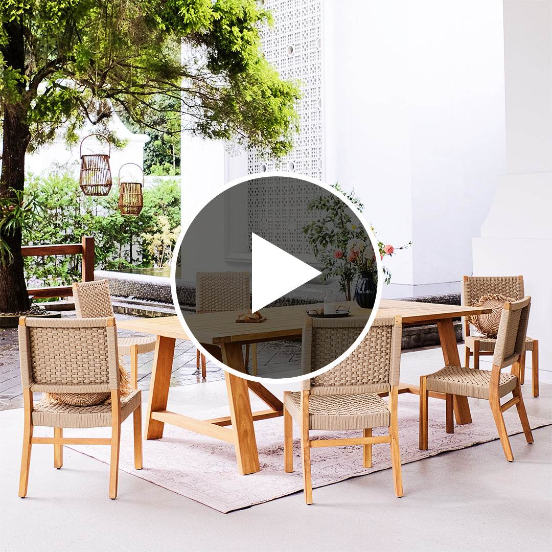 Eden Teak Wood 7 Piece Outdoor Dining Set with Tan Polyrope - Image 5