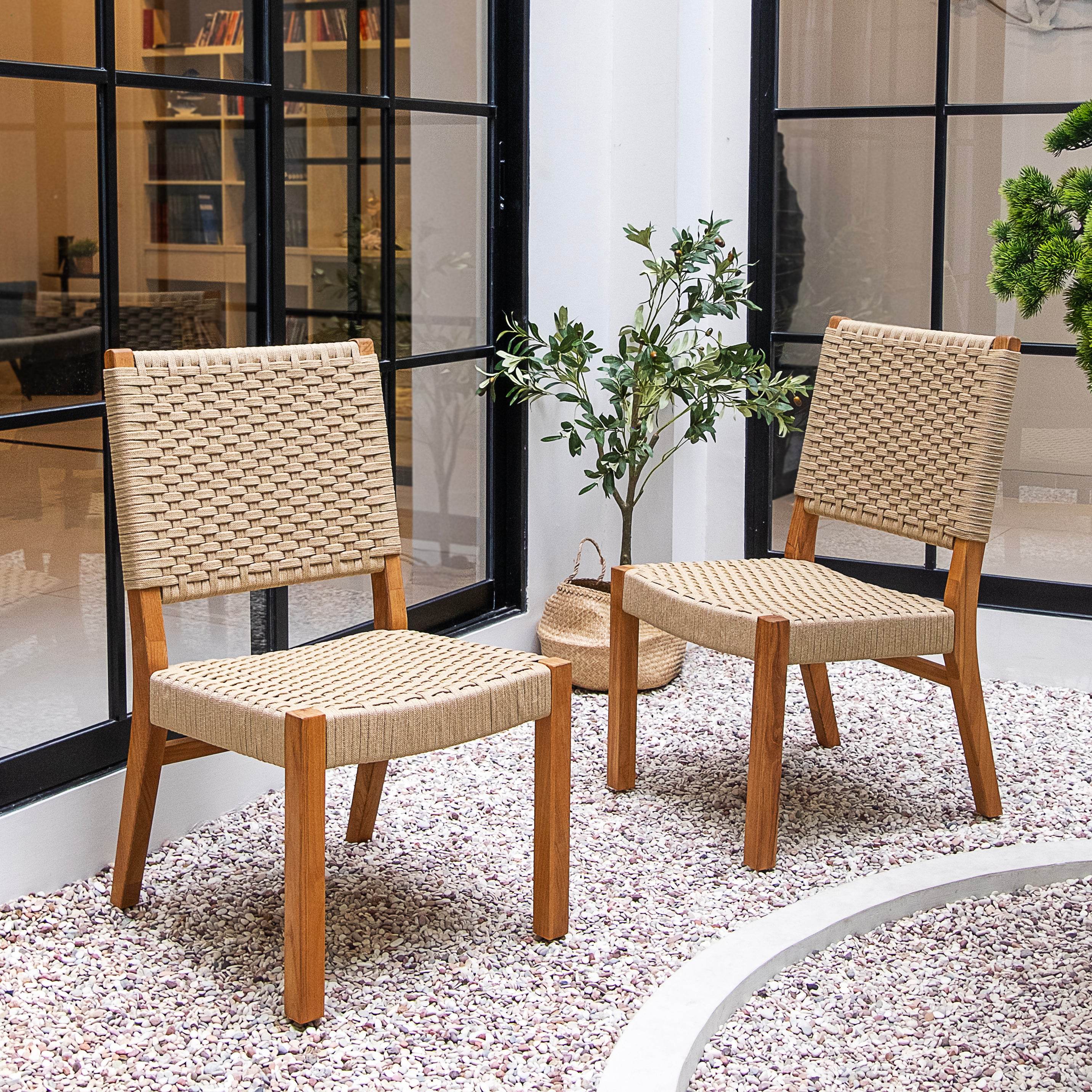 Eden Teak Wood 7 Piece Outdoor Dining Set with Tan Polyrope - Image 9