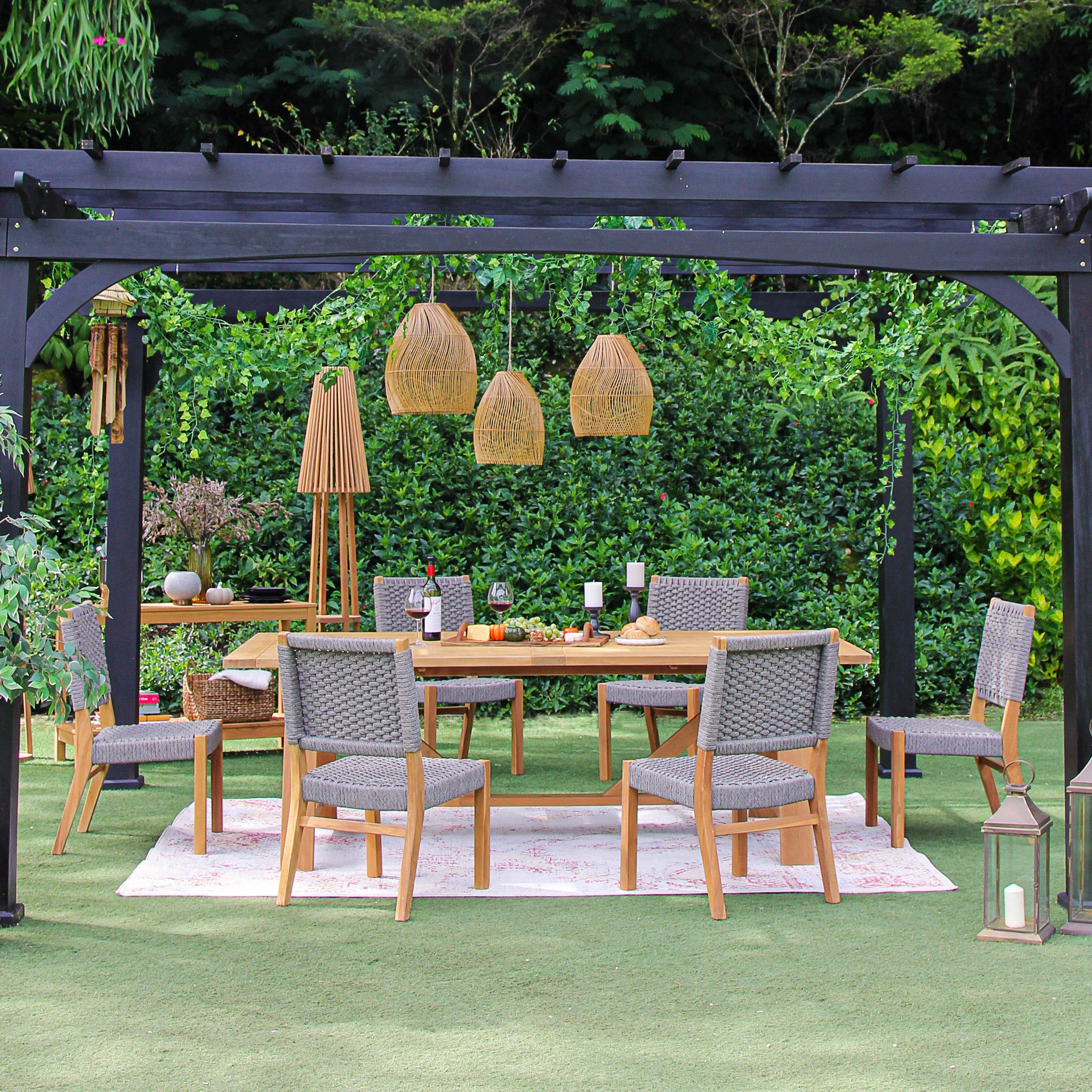 Eden Teak Wood 7 Pieces Outdoor Dining Set with Gray Polyrope - Image 3