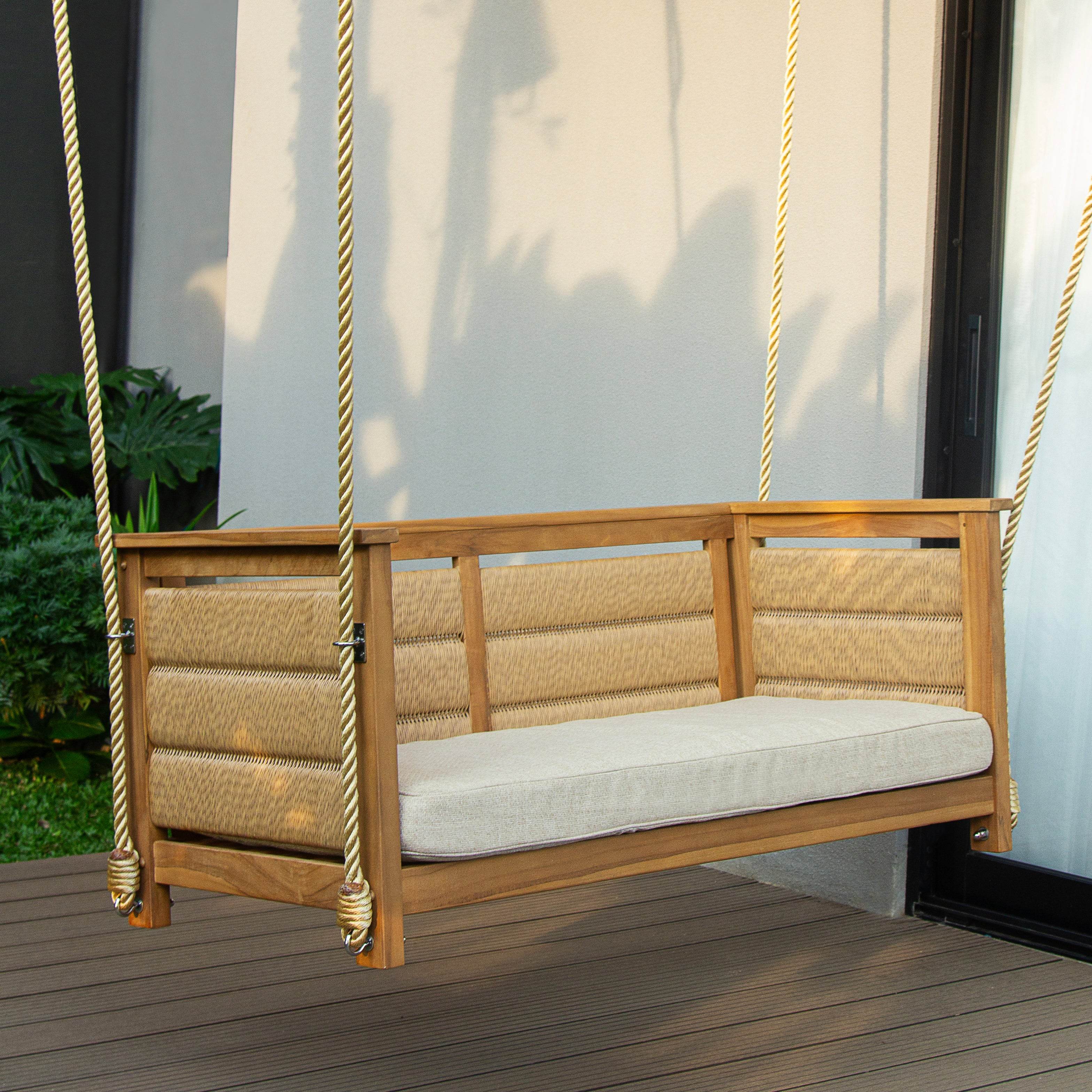 Eden Teak Wood Porch Swing with Tan Cushion - Image 10