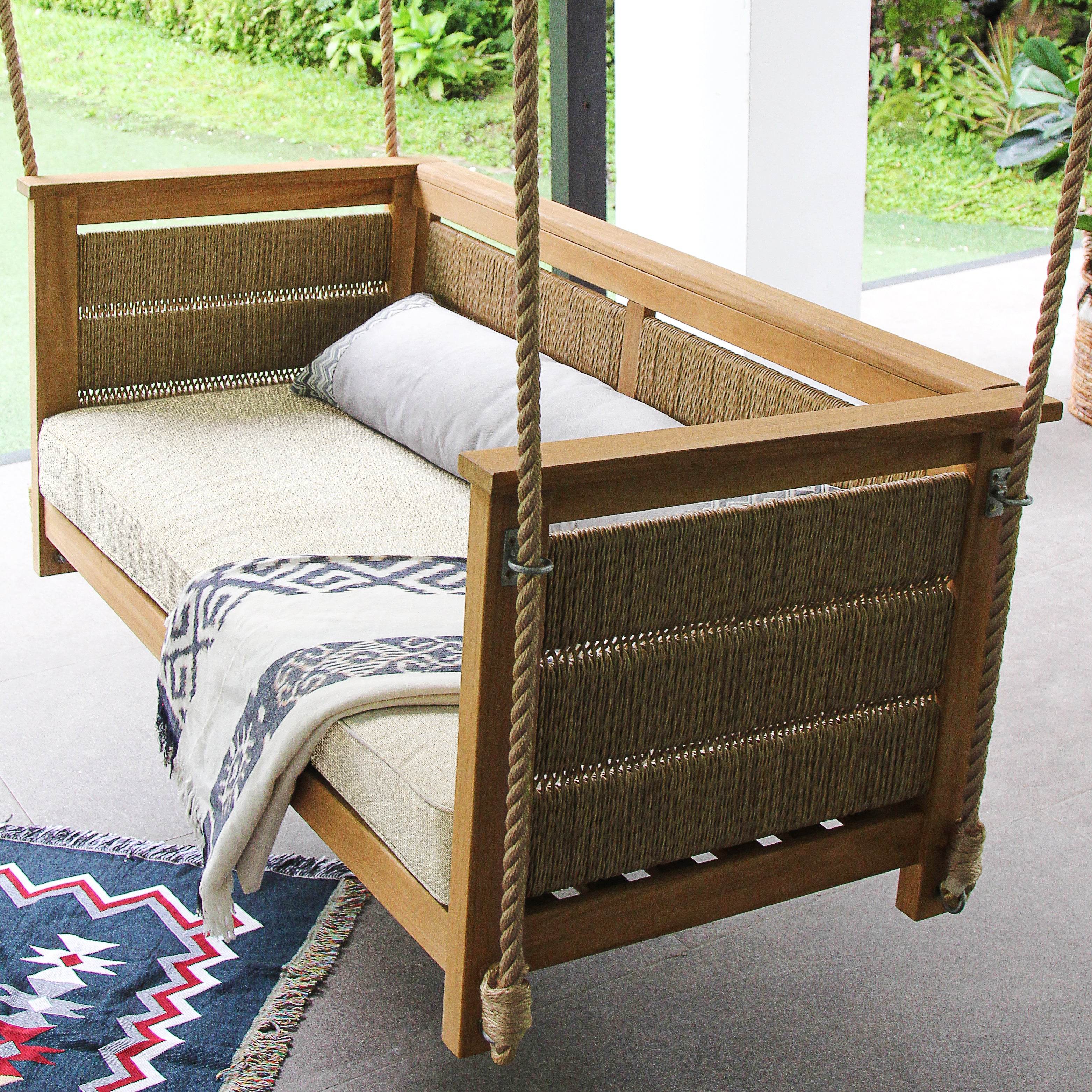 Eden Teak Wood Porch Swing with Tan Cushion - Image 11