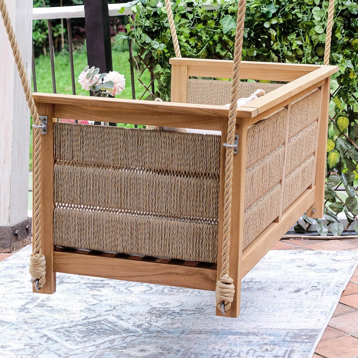 Eden Teak Wood Porch Swing with Tan Cushion - Image 12