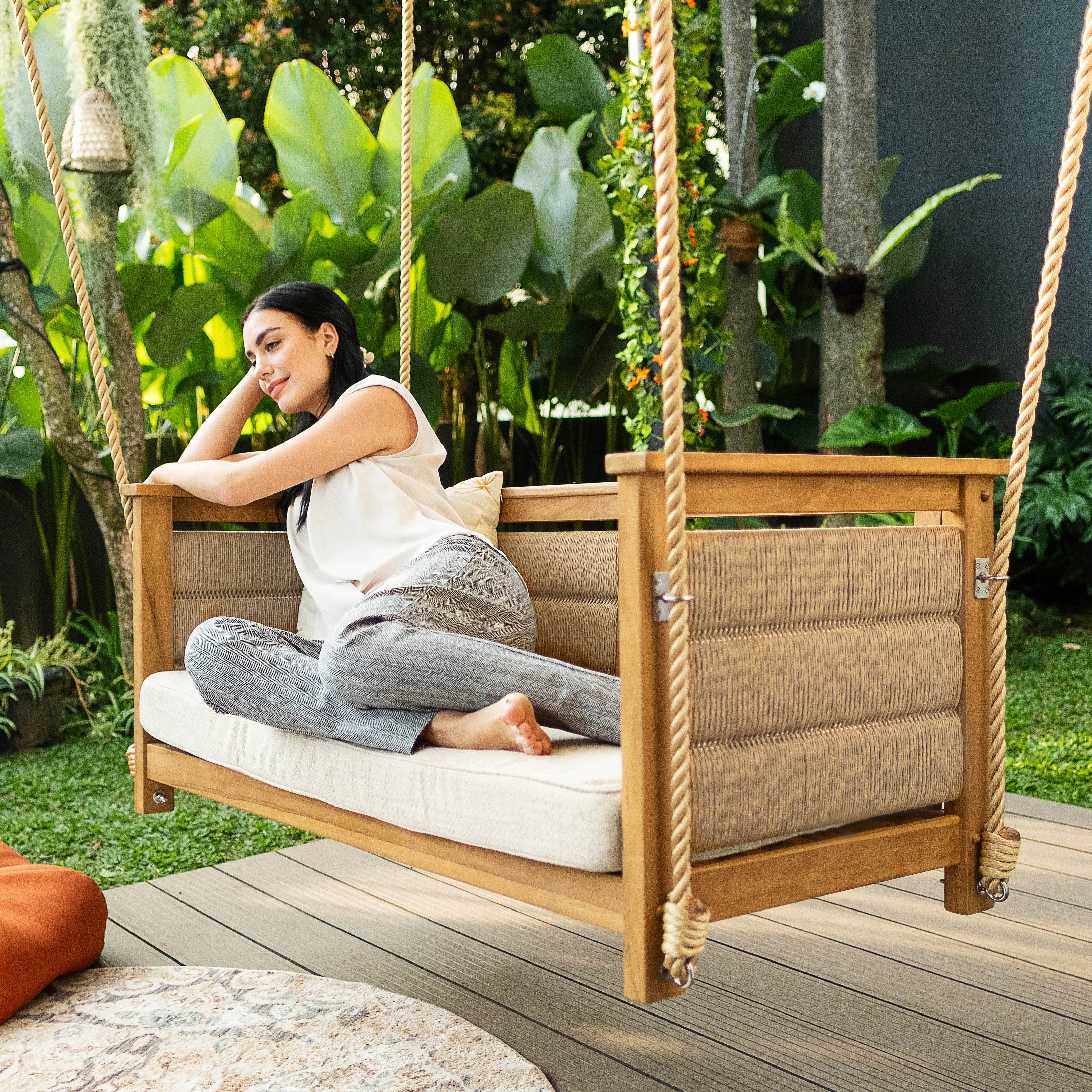 Eden Teak Wood Porch Swing with Tan Cushion - Image 3