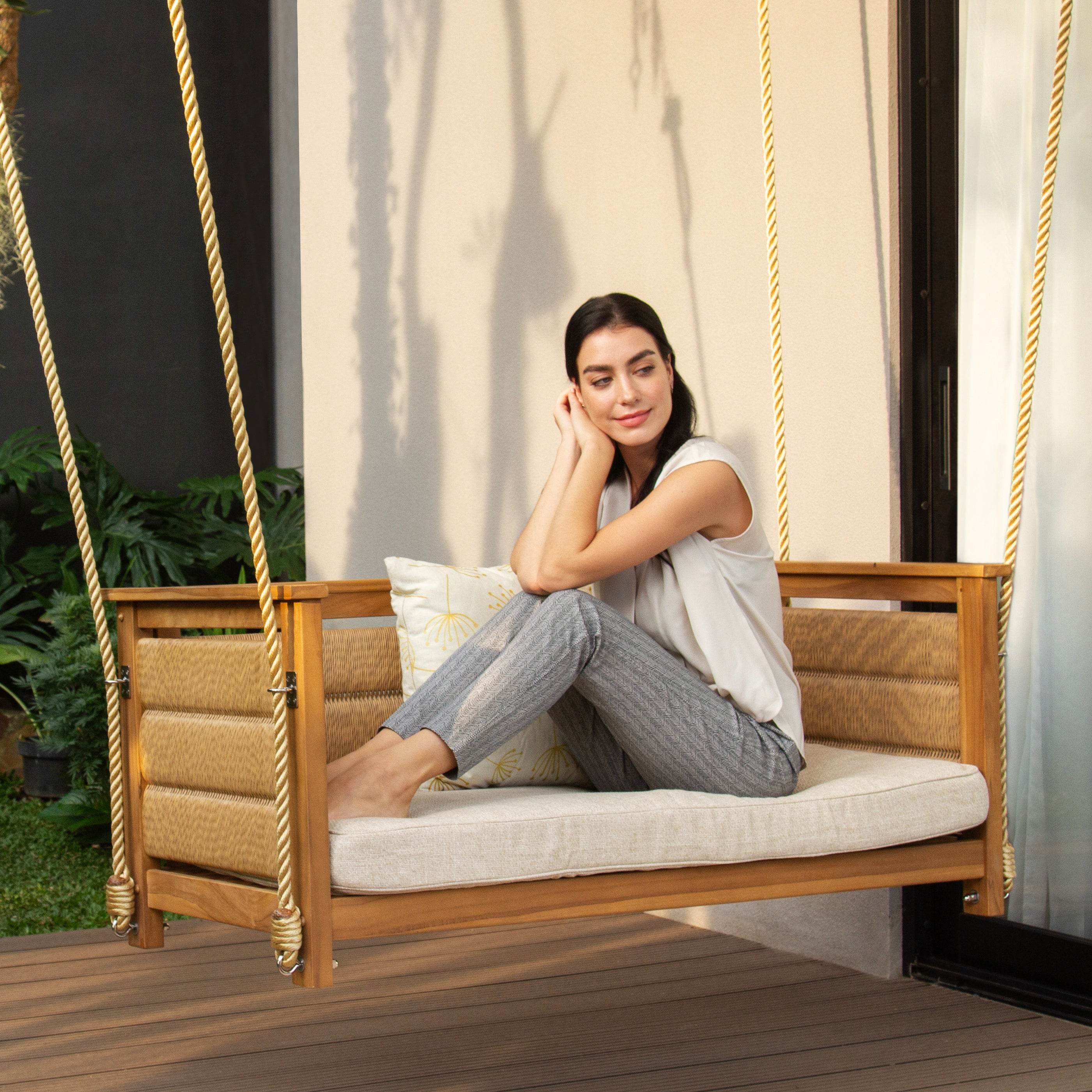 Eden Teak Wood Porch Swing with Tan Cushion - Image 6