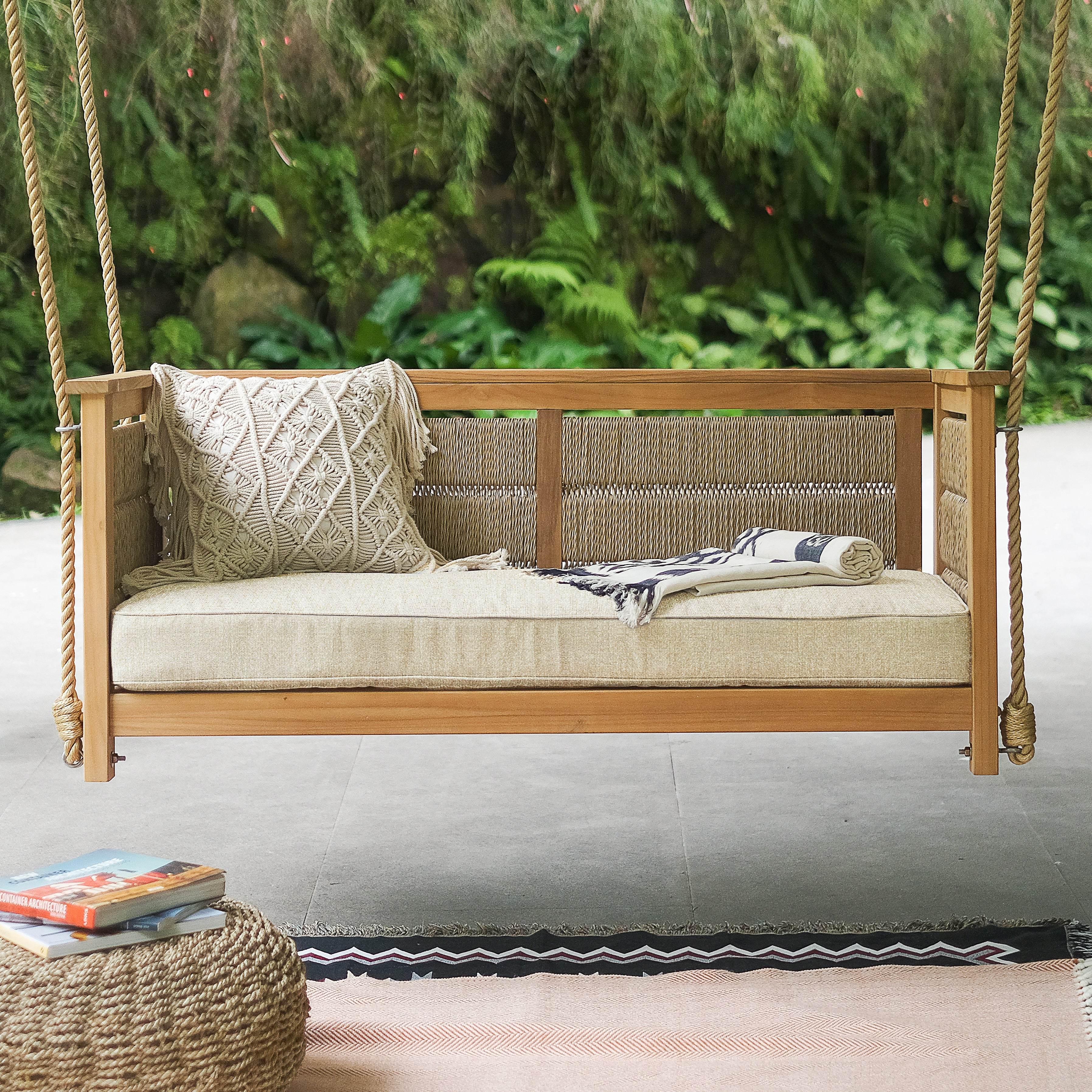 Eden Teak Wood Porch Swing with Tan Cushion - Image 7