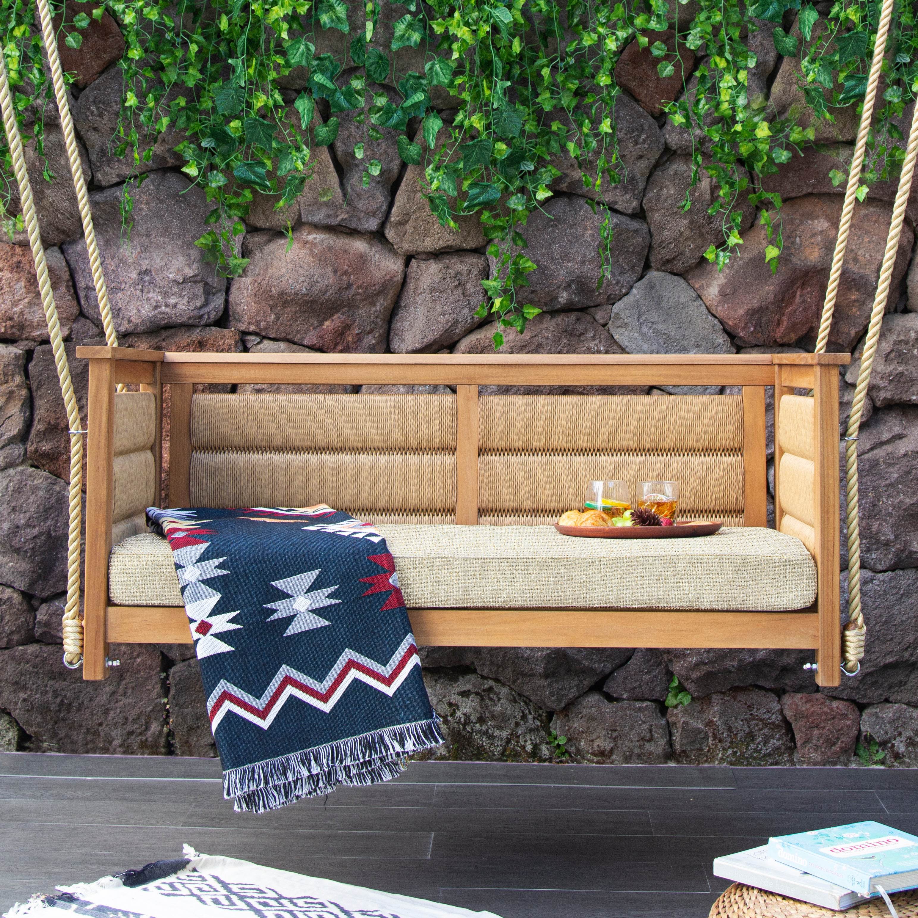 Eden Teak Wood Porch Swing with Tan Cushion - Image 8
