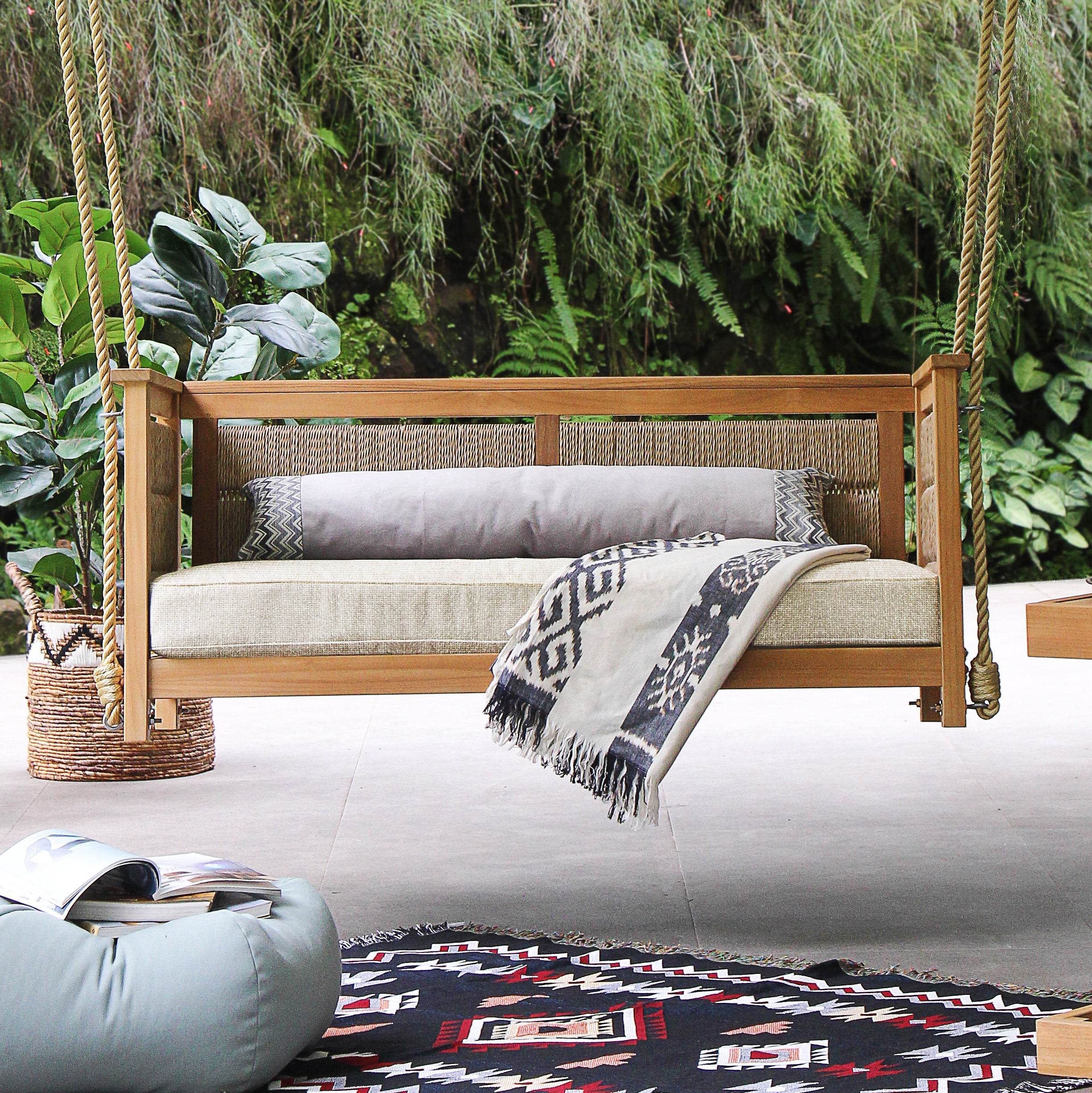 Eden Teak Wood Porch Swing with Tan Cushion - Image 9