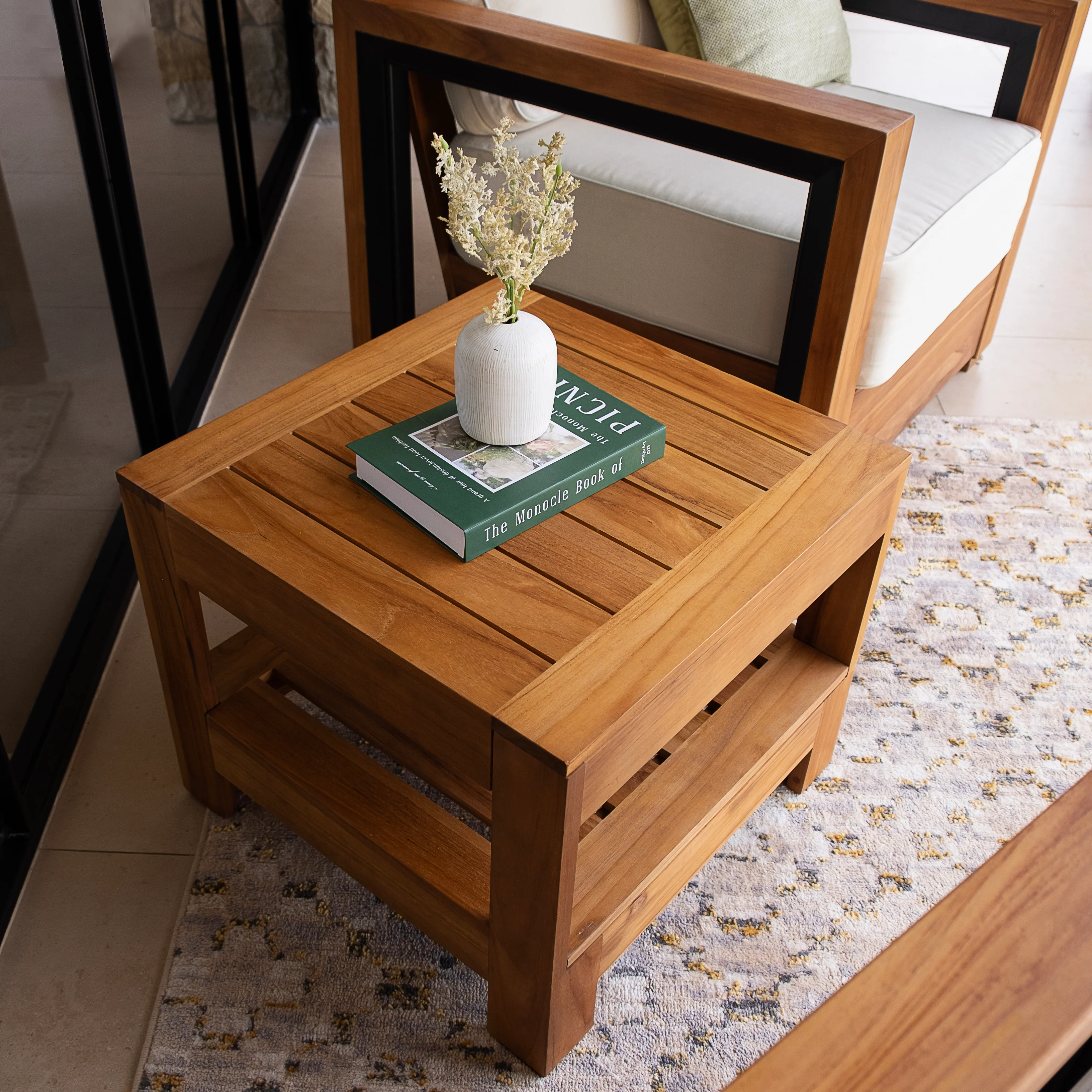 Hans Teak Wood 3 Pieces Patio Conversation Set with Ivory Cushion - Image 10