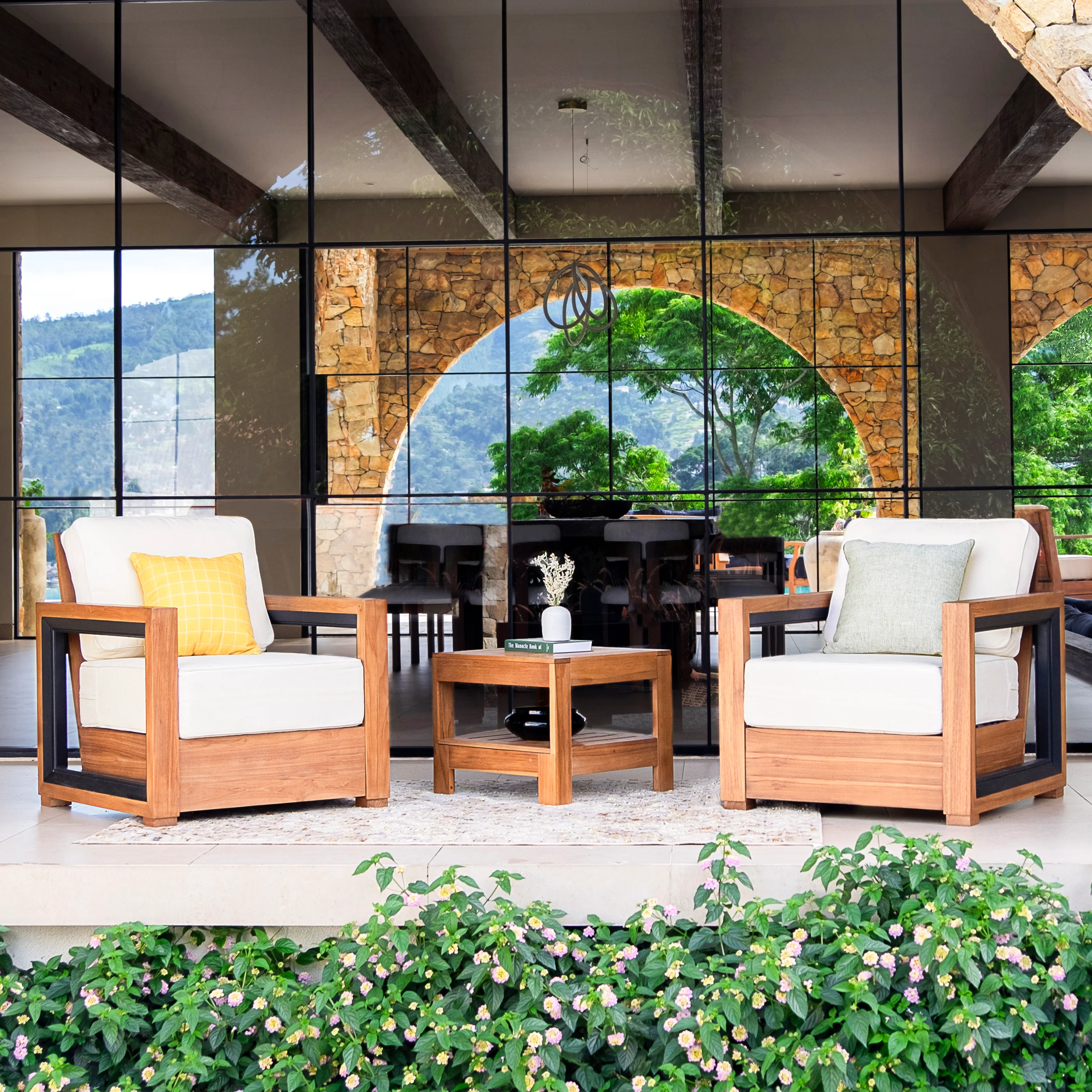 Hans Teak Wood 3 Pieces Patio Conversation Set with Ivory Cushion - Image 3