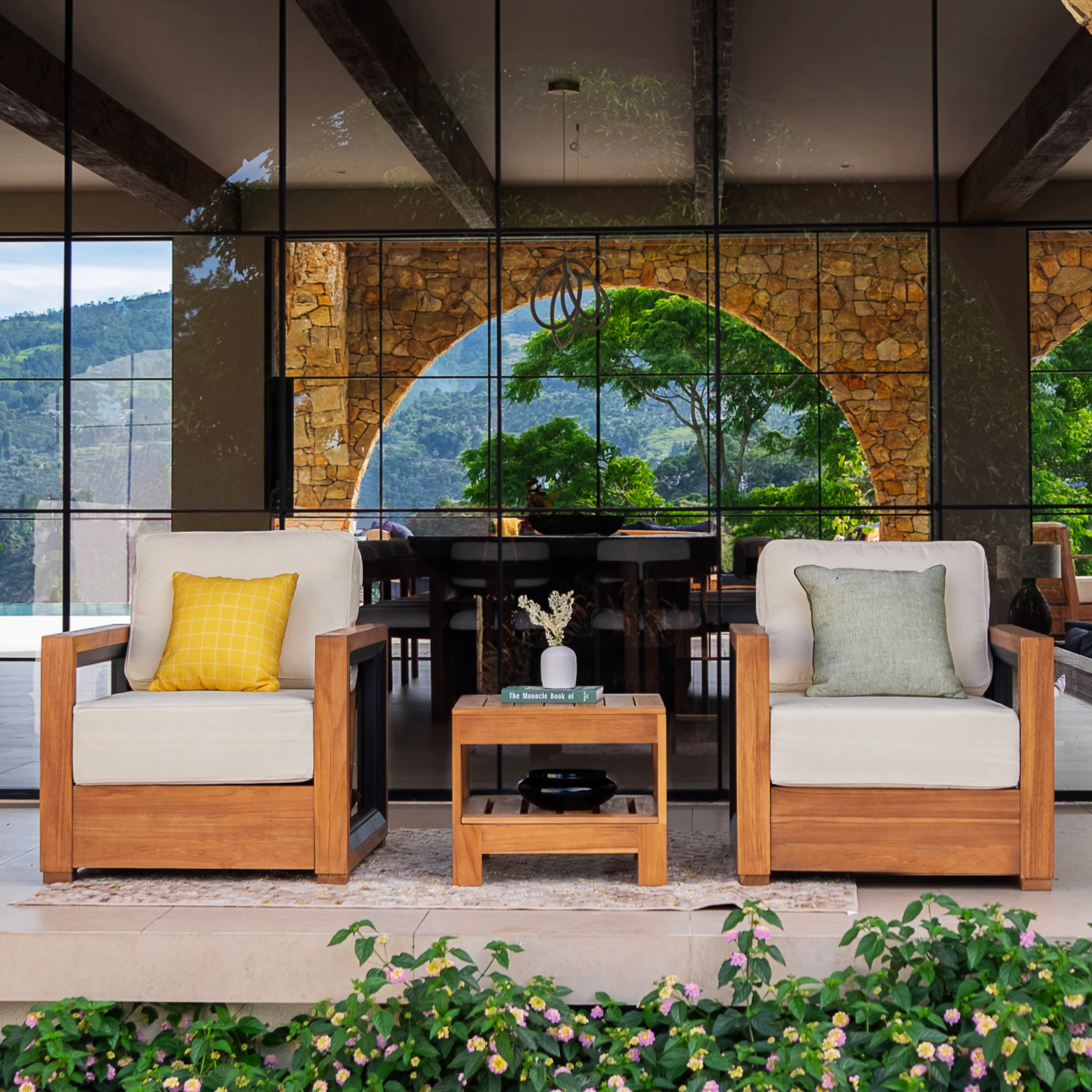 Hans Teak Wood 3 Pieces Patio Conversation Set with Ivory Cushion - Image 4