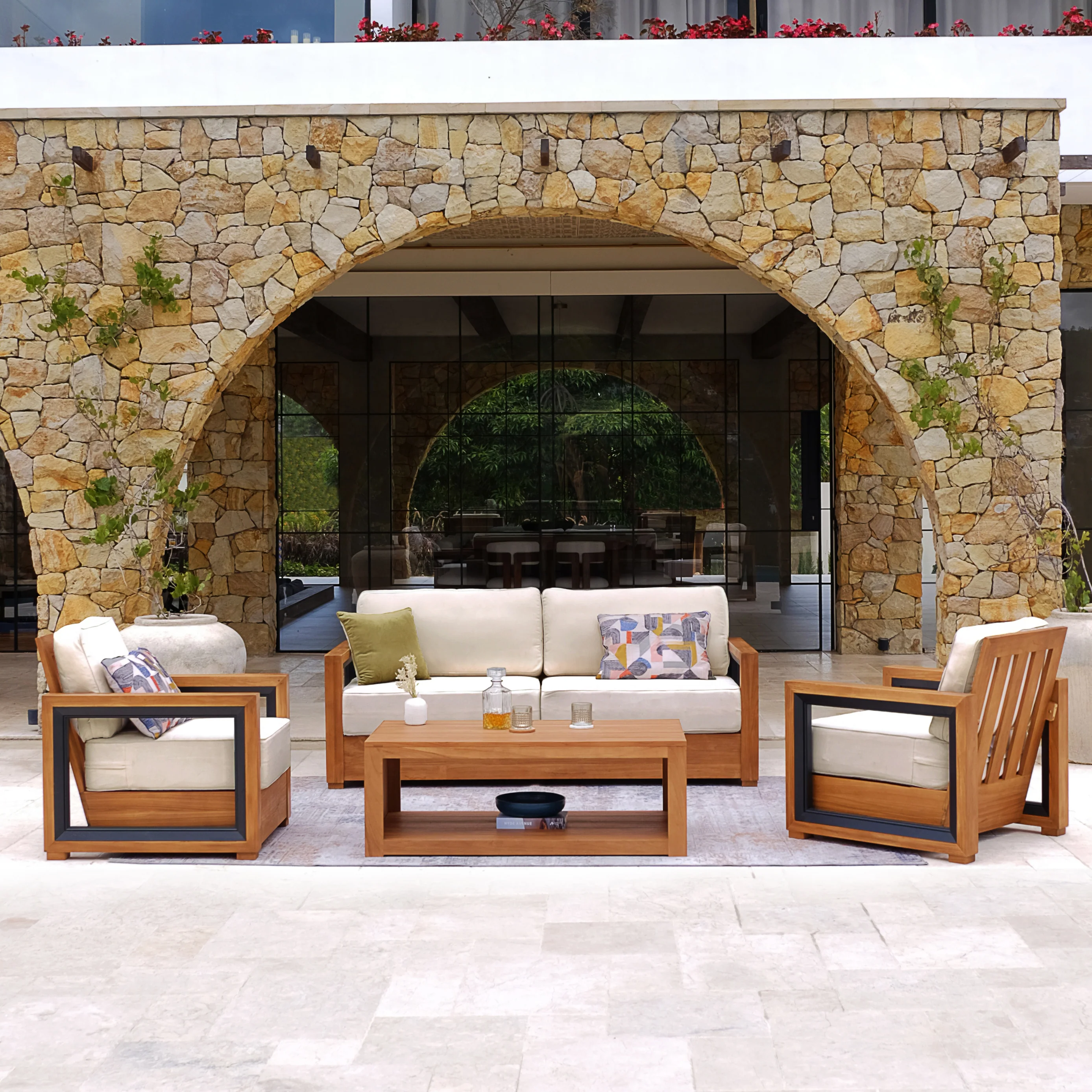 Hans Teak Wood 4 Piece Patio Conversation Set with Ivory Cushion - Image 3