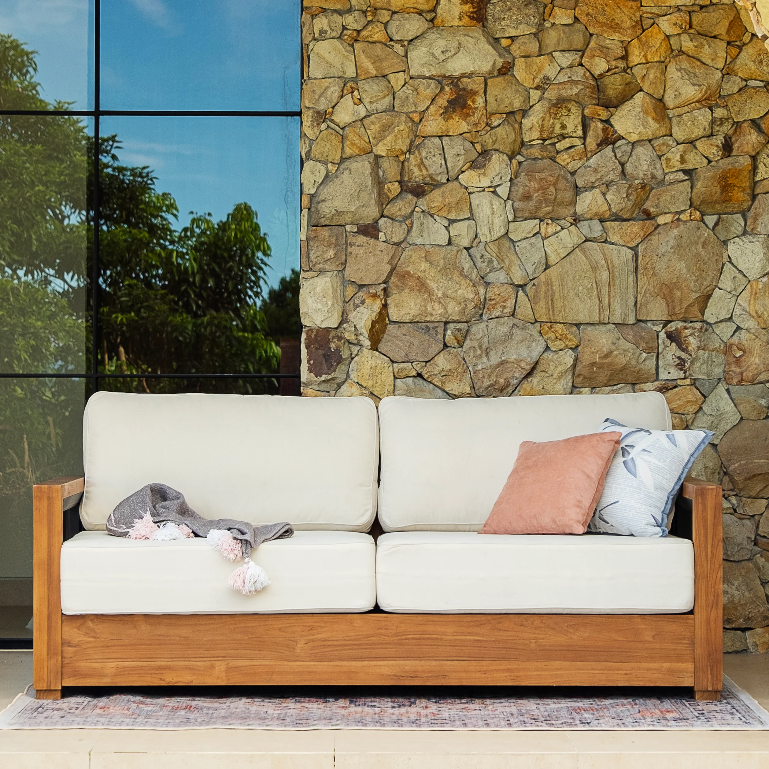 Hans Teak Wood 4 Piece Patio Conversation Set with Ivory Cushion - Image 4
