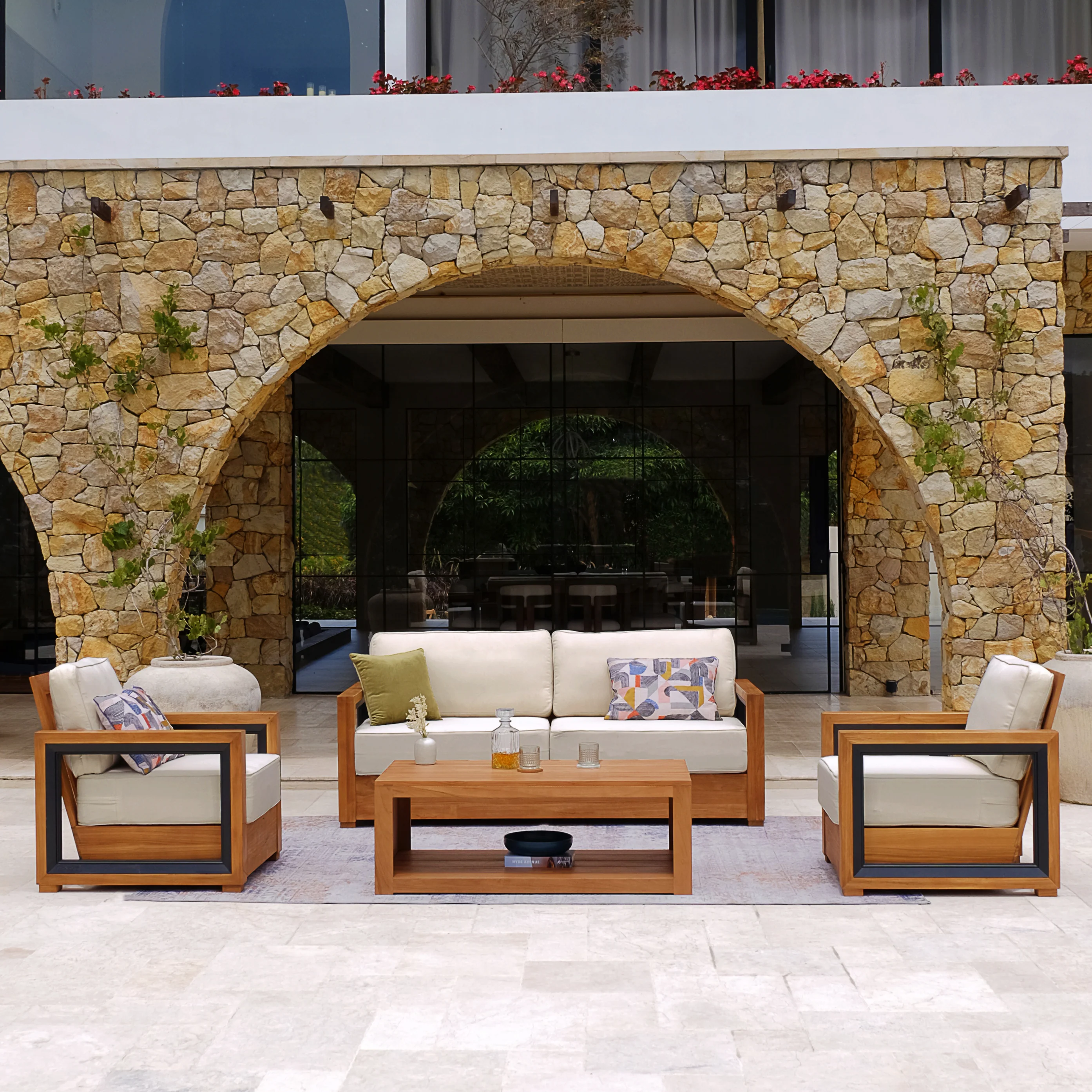 Hans Teak Wood 4 Piece Patio Conversation Set with Ivory Cushion - Image 5