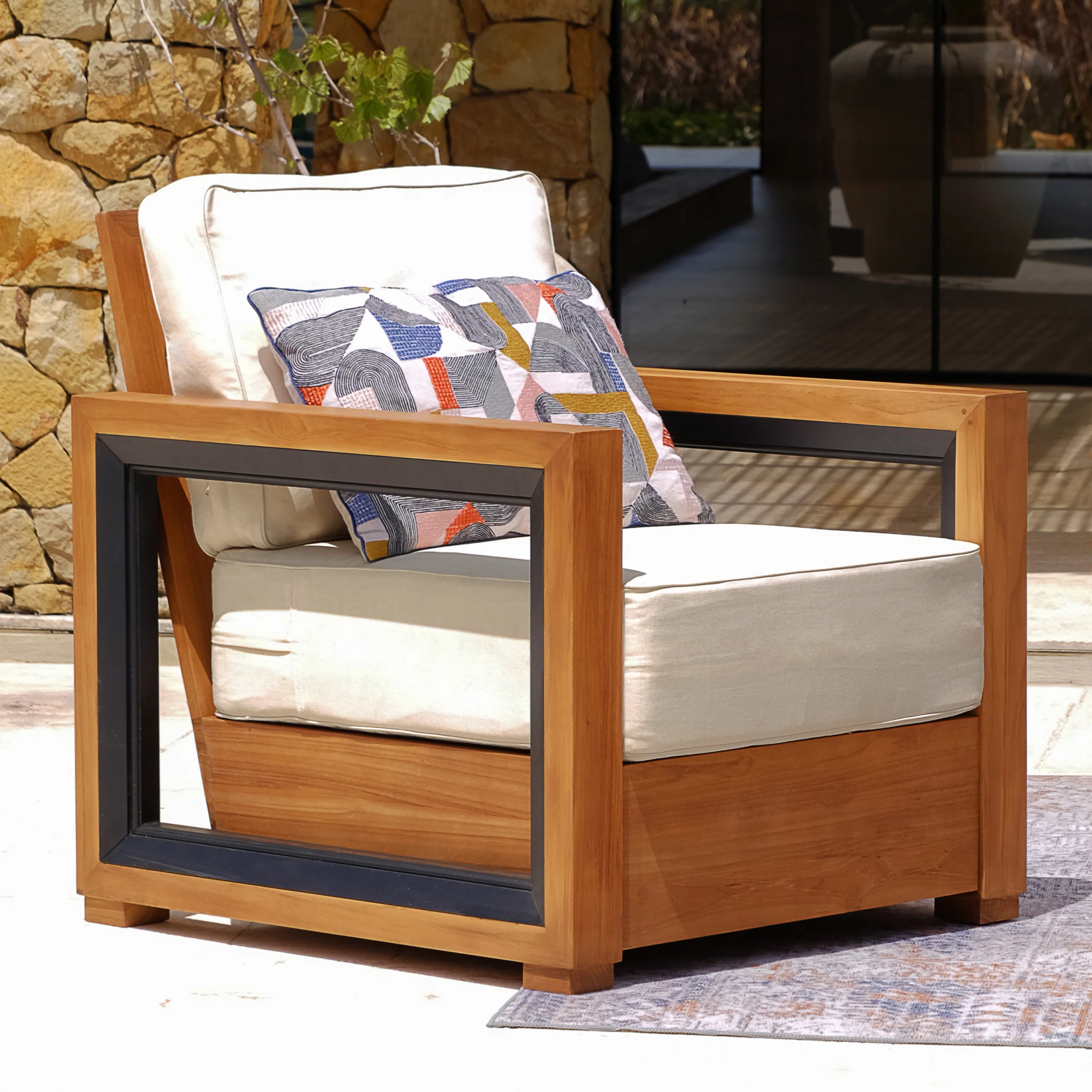Hans Teak Wood 4 Piece Patio Conversation Set with Ivory Cushion - Image 7