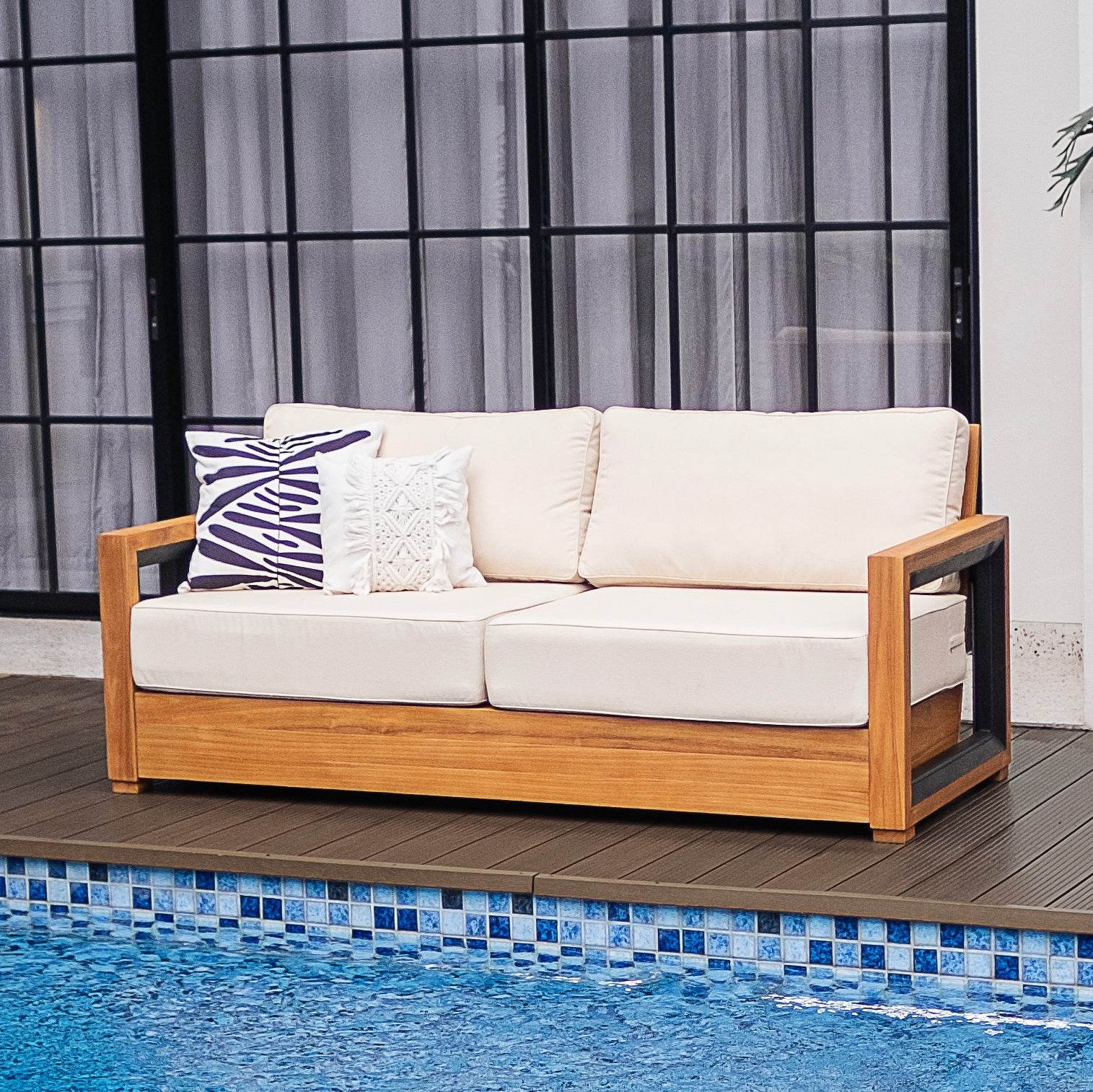 Hans Teak Wood Patio Sofa with Ivory Cushion - Image 3