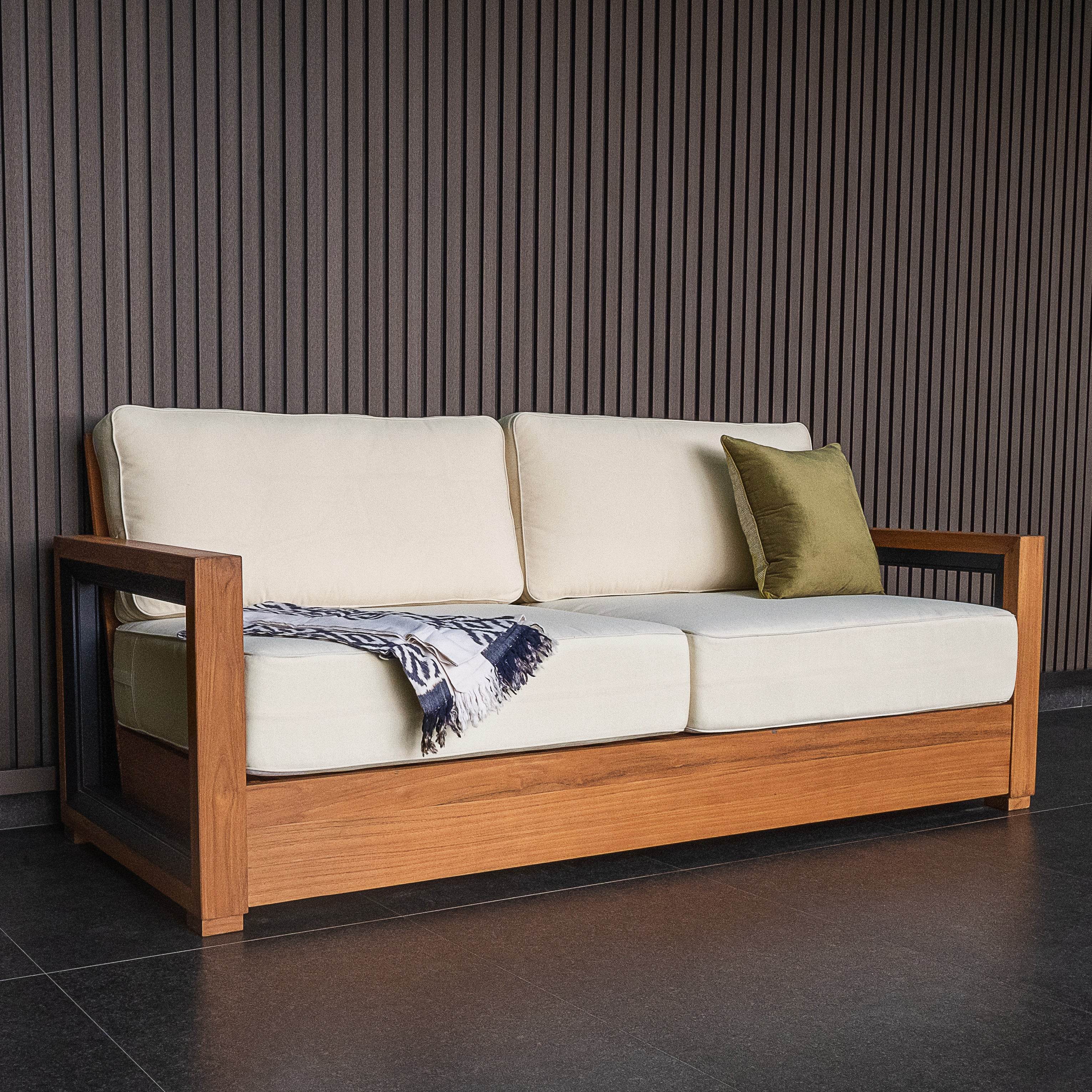Hans Teak Wood Patio Sofa with Ivory Cushion - Image 4