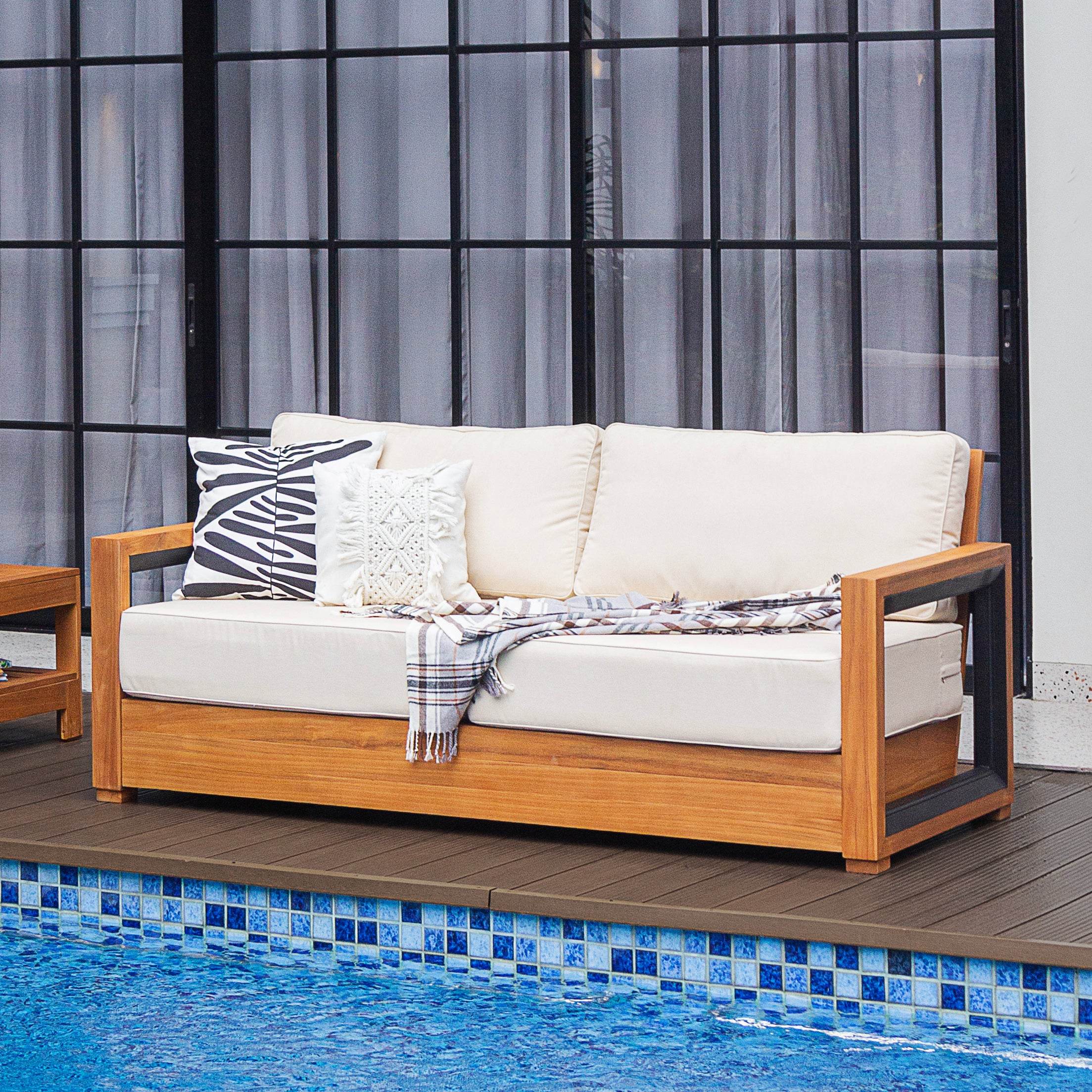 Hans Teak Wood Patio Sofa with Ivory Cushion - Image 5