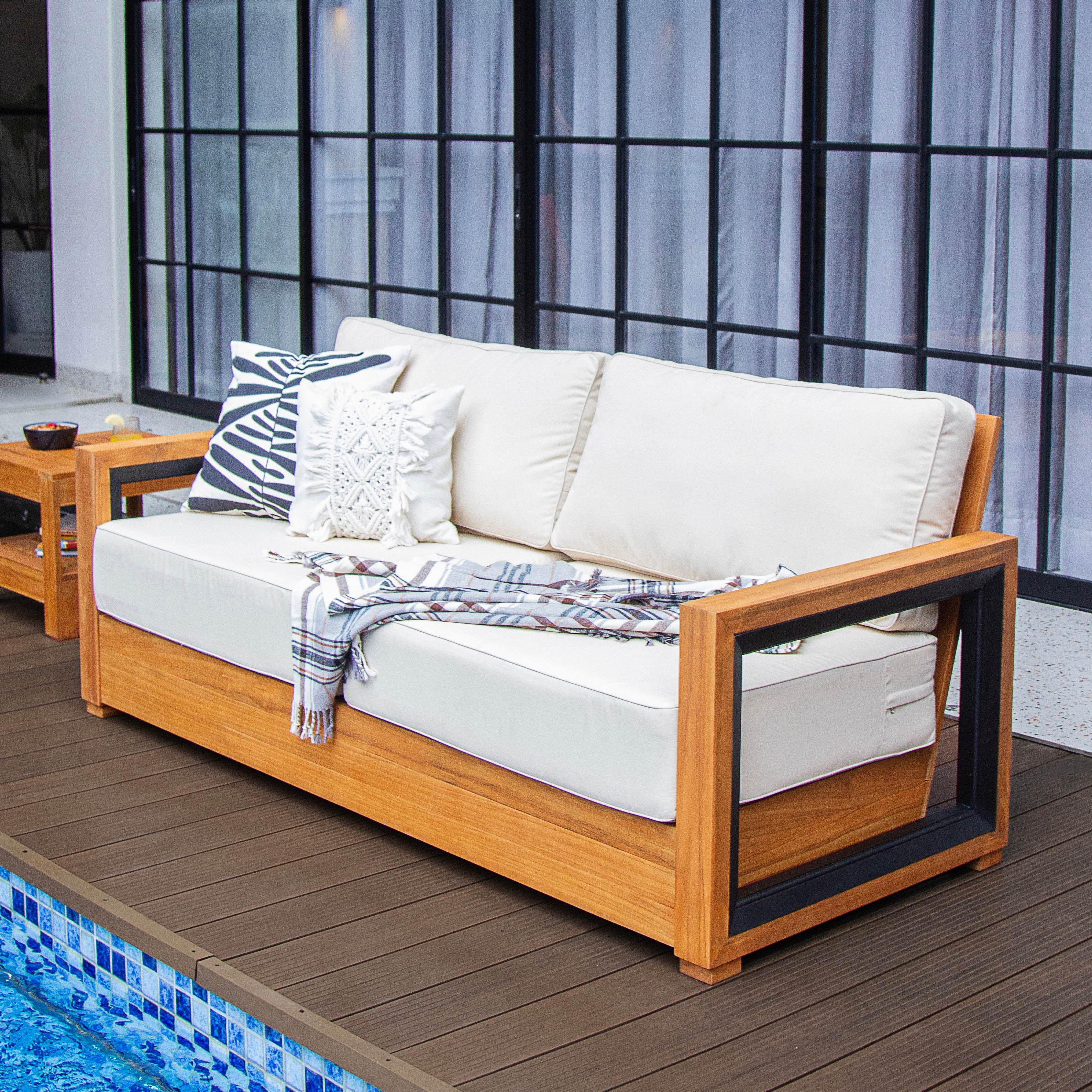 Hans Teak Wood Patio Sofa with Ivory Cushion - Image 6