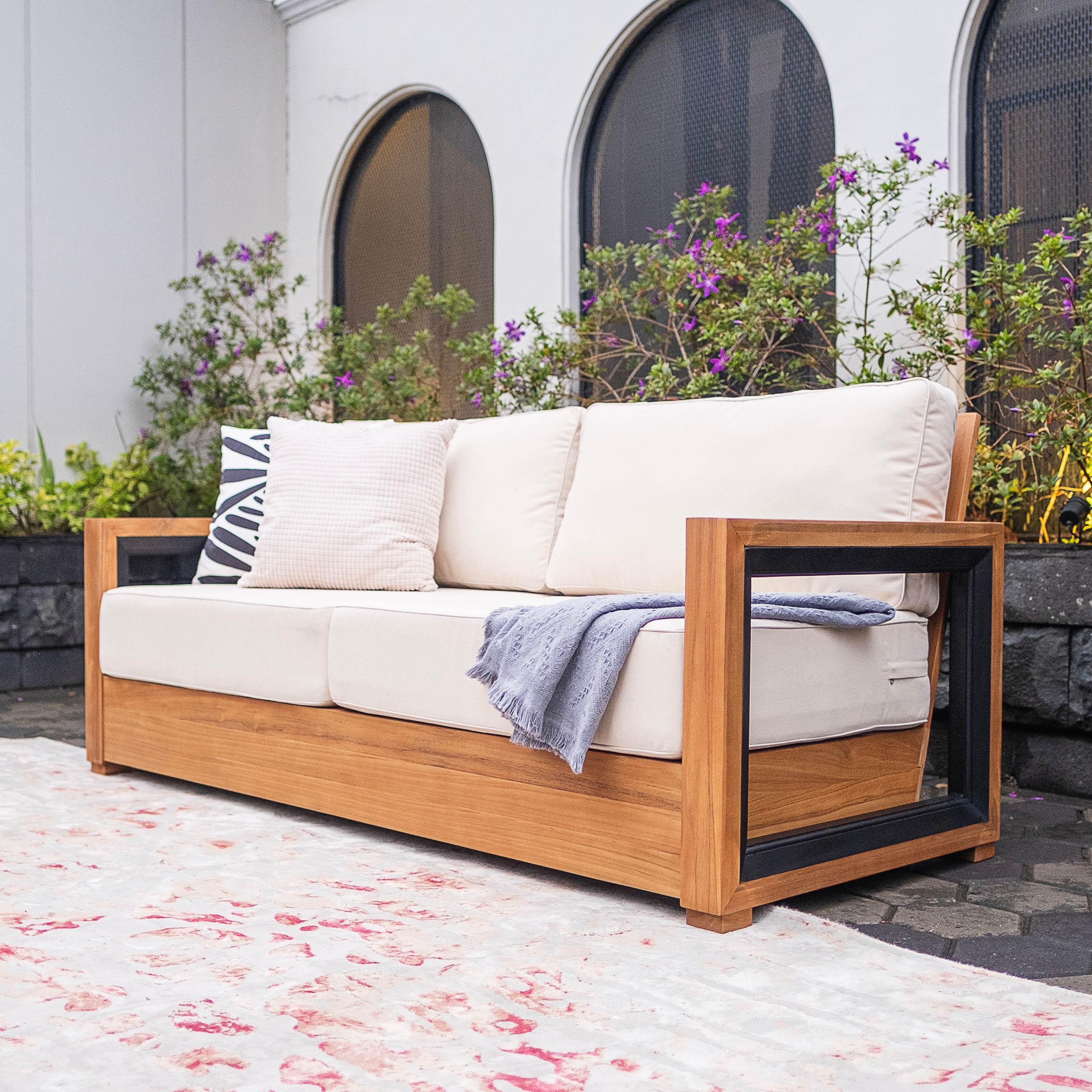 Hans Teak Wood Patio Sofa with Ivory Cushion - Image 7