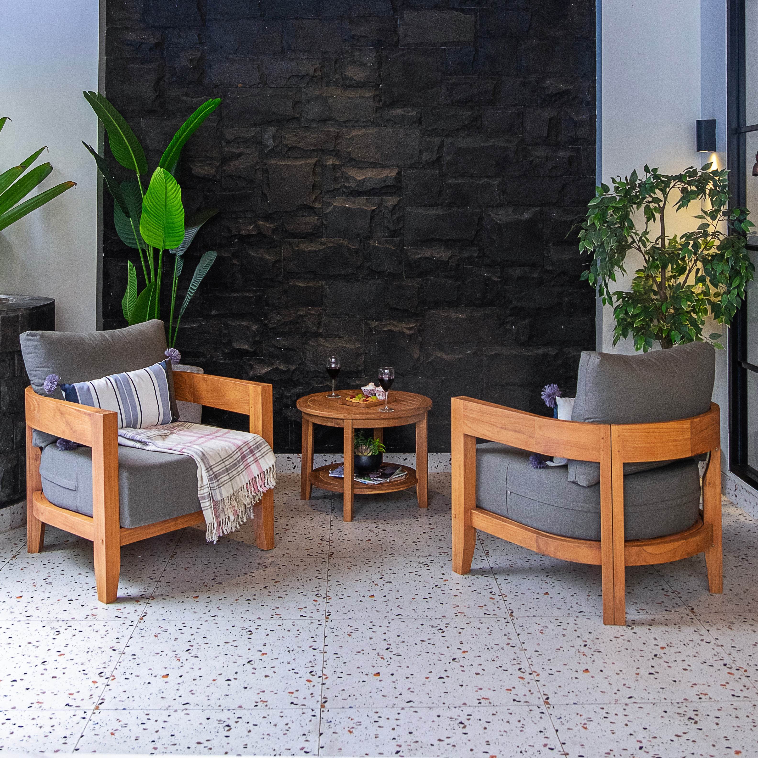 Harper Teak Wood Outdoor 3 Piece Conversation Set with Gray Cushion - Image 3