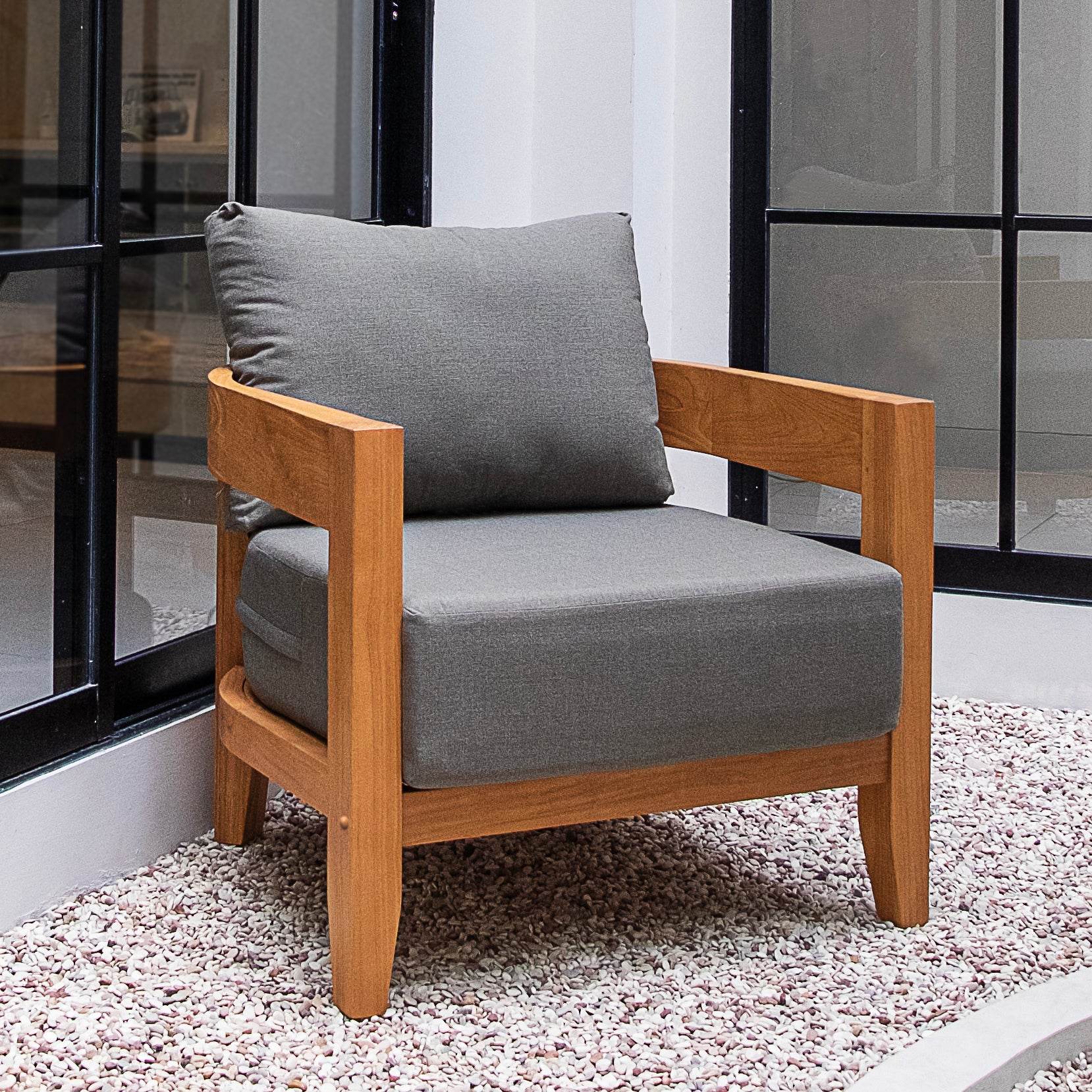 Harper Teak Wood Outdoor 3 Piece Conversation Set with Gray Cushion - Image 7