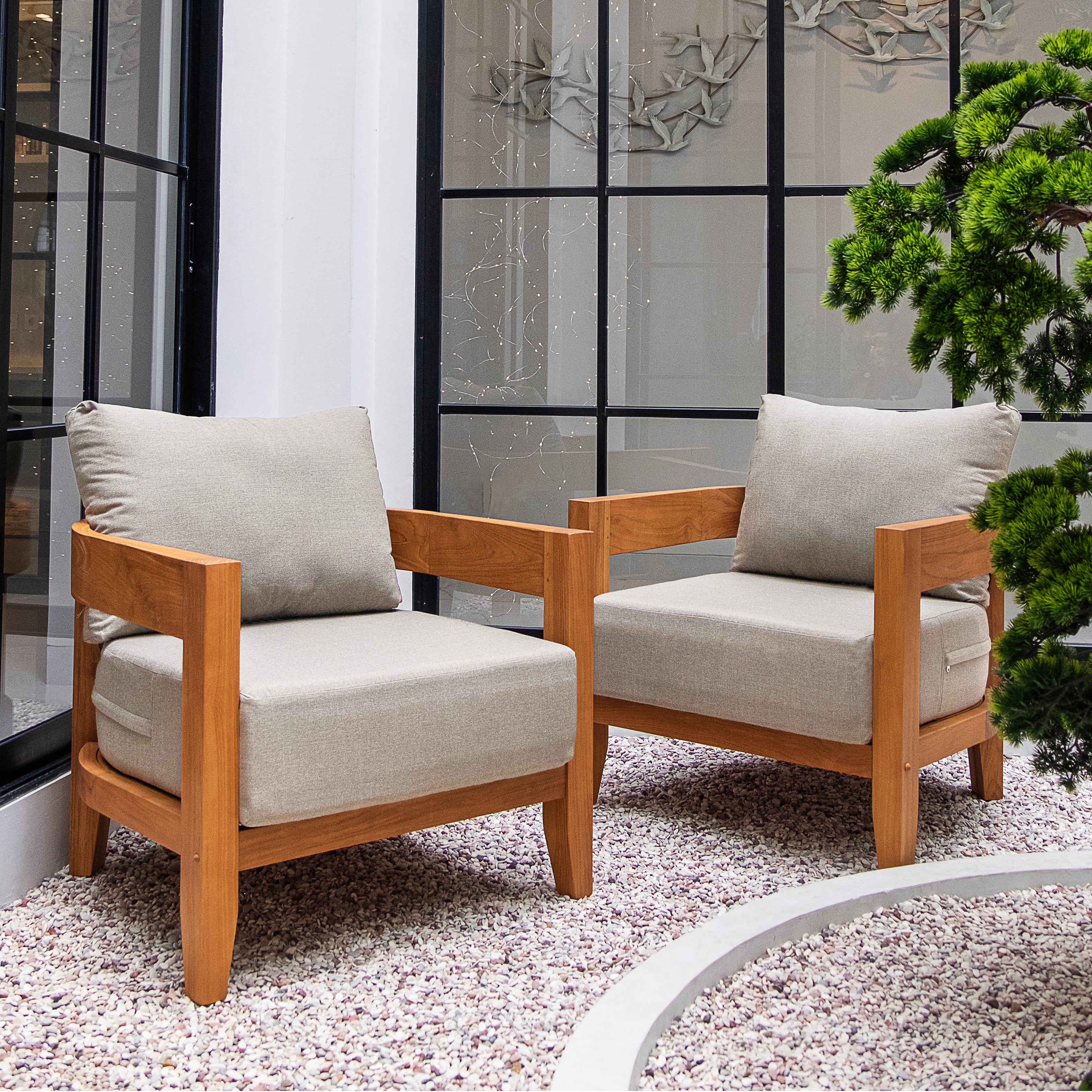 Harper Teak Wood Outdoor 3 Piece Conversation Set with Ivory Cushion - Image 3