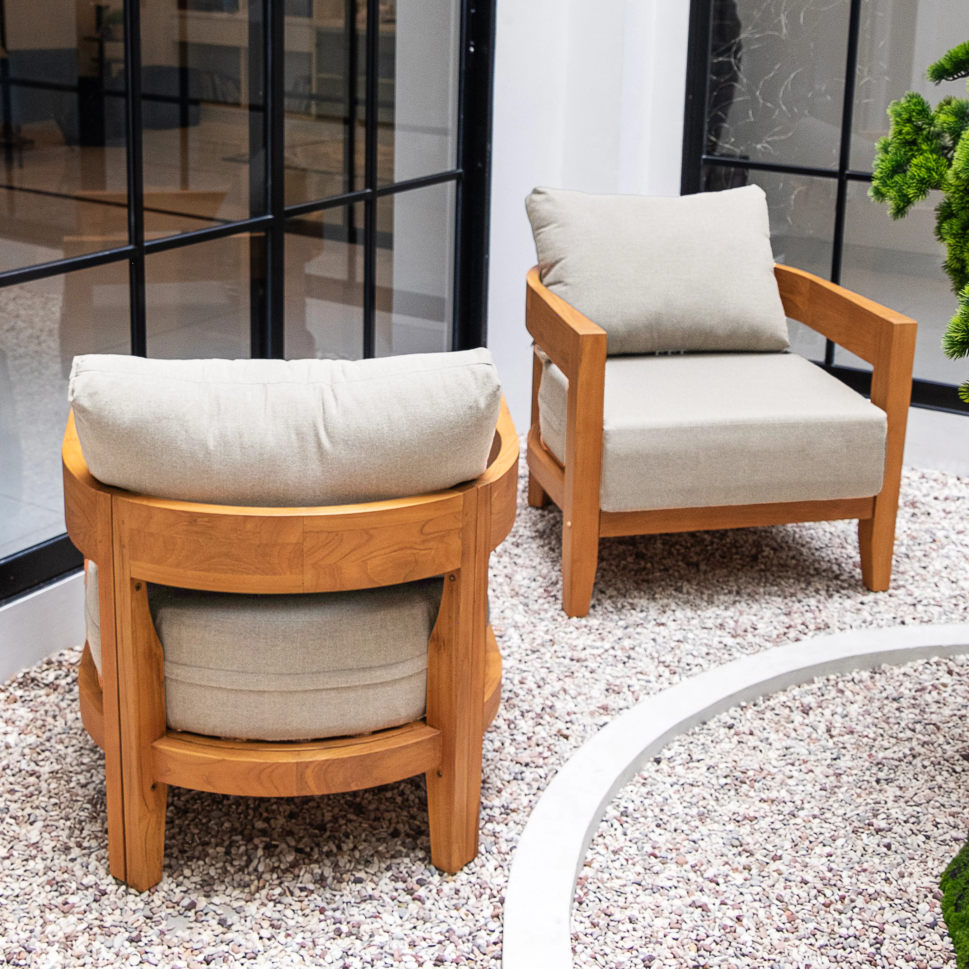 Harper Teak Wood Outdoor 3 Piece Conversation Set with Ivory Cushion - Image 4