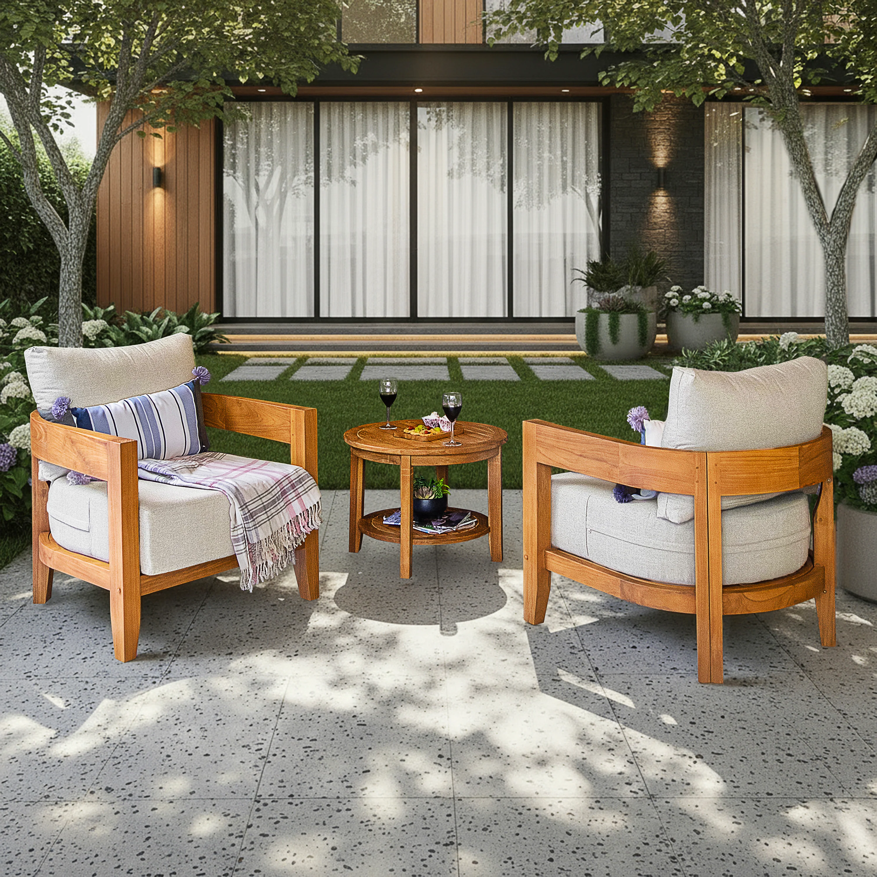 Harper Teak Wood Outdoor 3 Piece Conversation Set with Ivory Cushion - Image 6