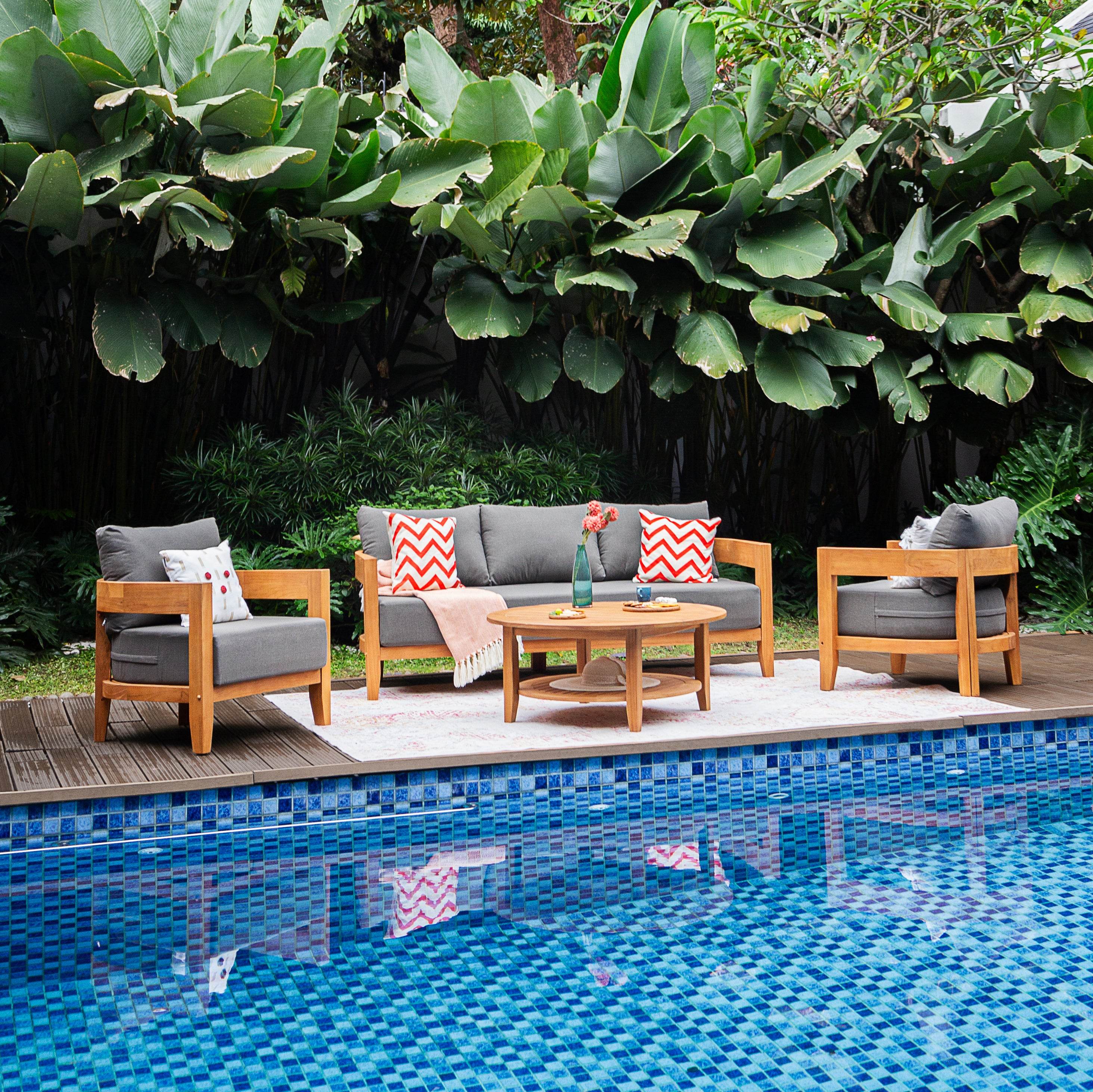 Harper Teak Wood Outdoor 4 Piece Conversation Set with Gray Cushion - Image 10