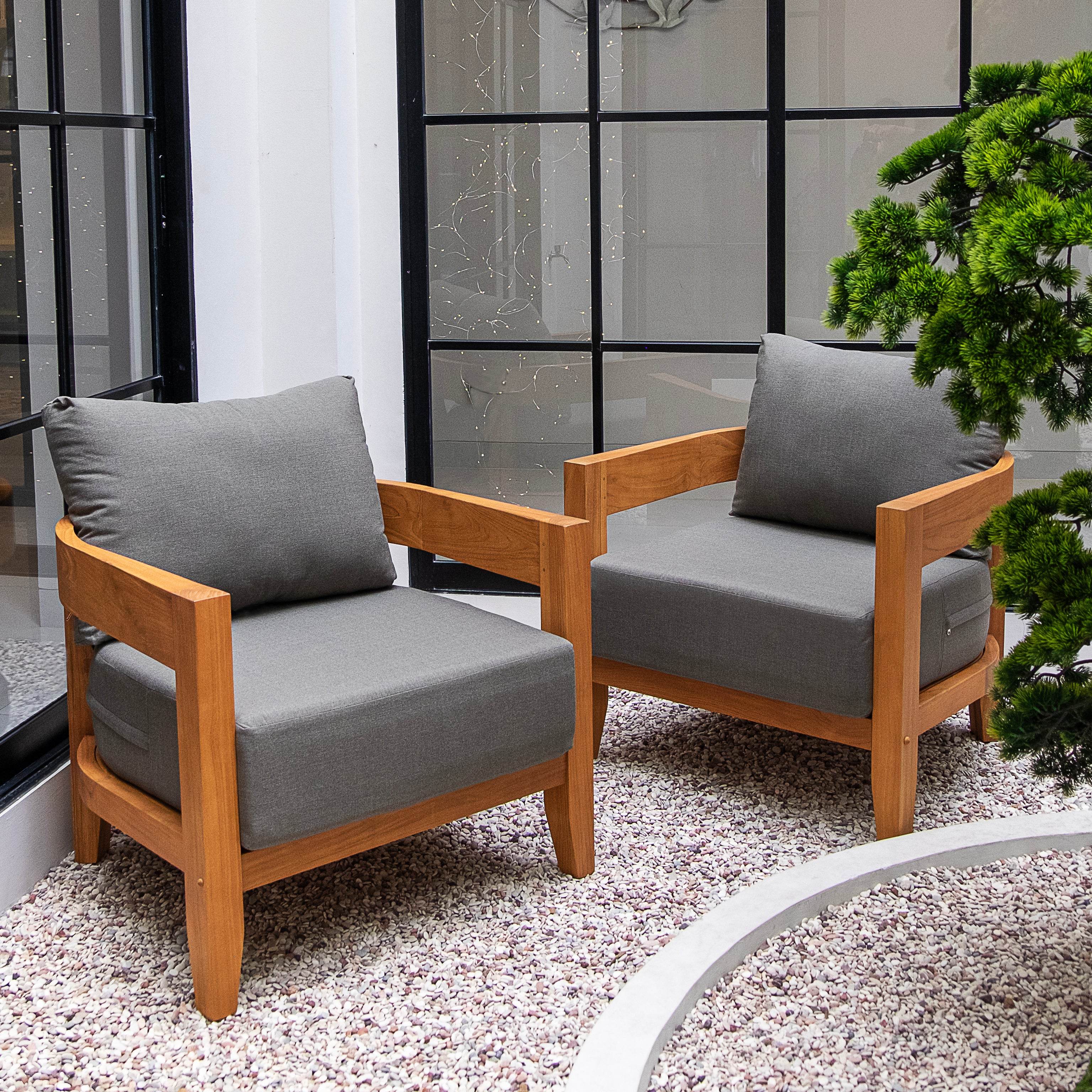 Harper Teak Wood Outdoor 4 Piece Conversation Set with Gray Cushion - Image 11