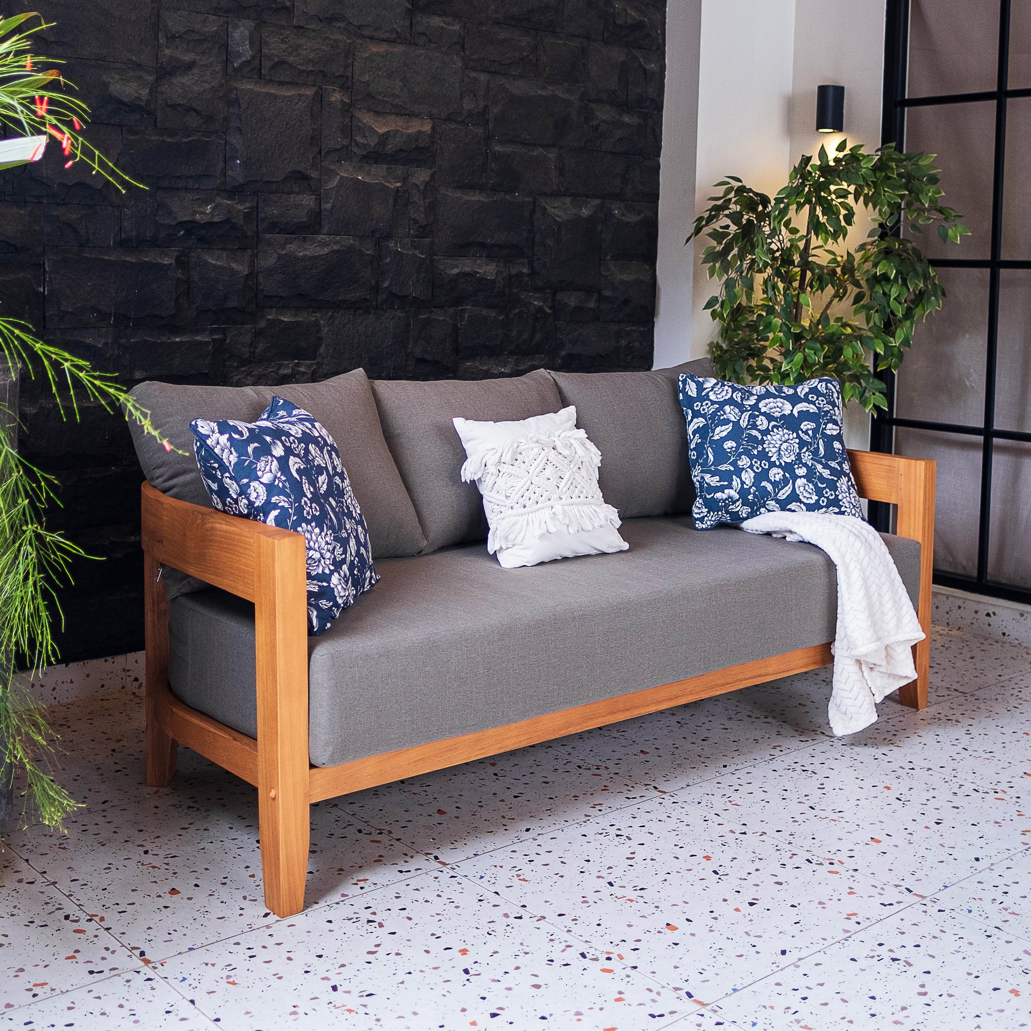 Harper Teak Wood Outdoor 4 Piece Conversation Set with Gray Cushion - Image 15