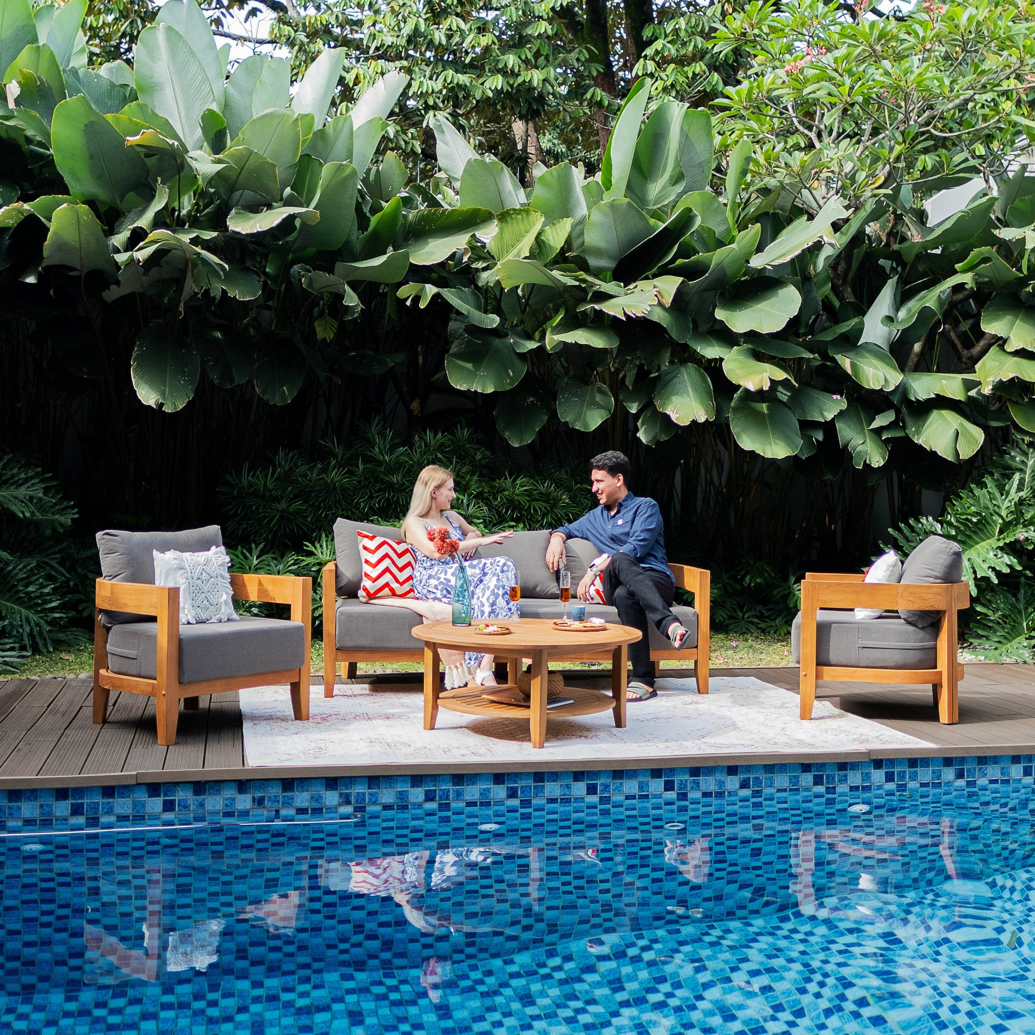 Harper Teak Wood Outdoor 4 Piece Conversation Set with Gray Cushion - Image 3