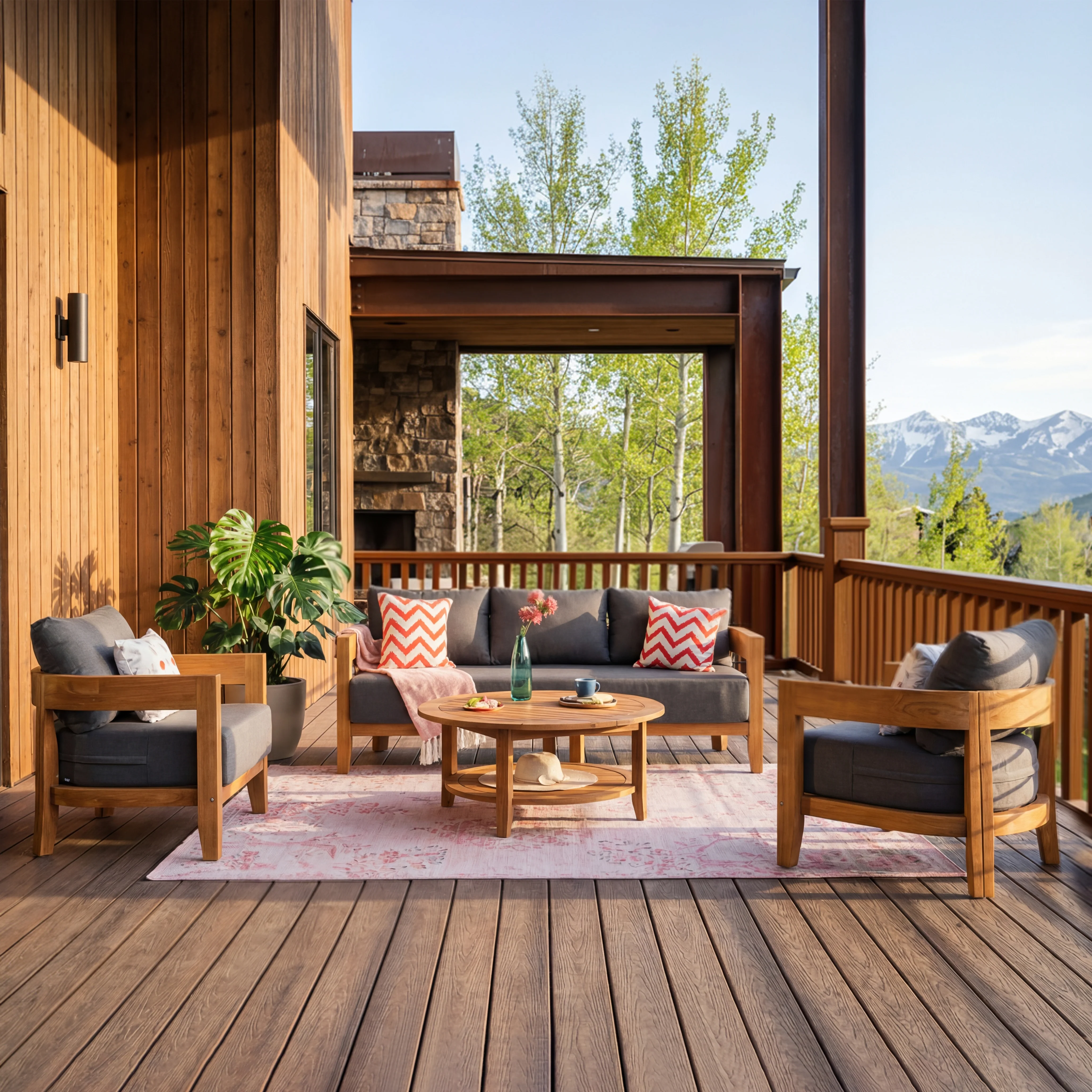 Harper Teak Wood Outdoor 4 Piece Conversation Set with Gray Cushion - Image 4