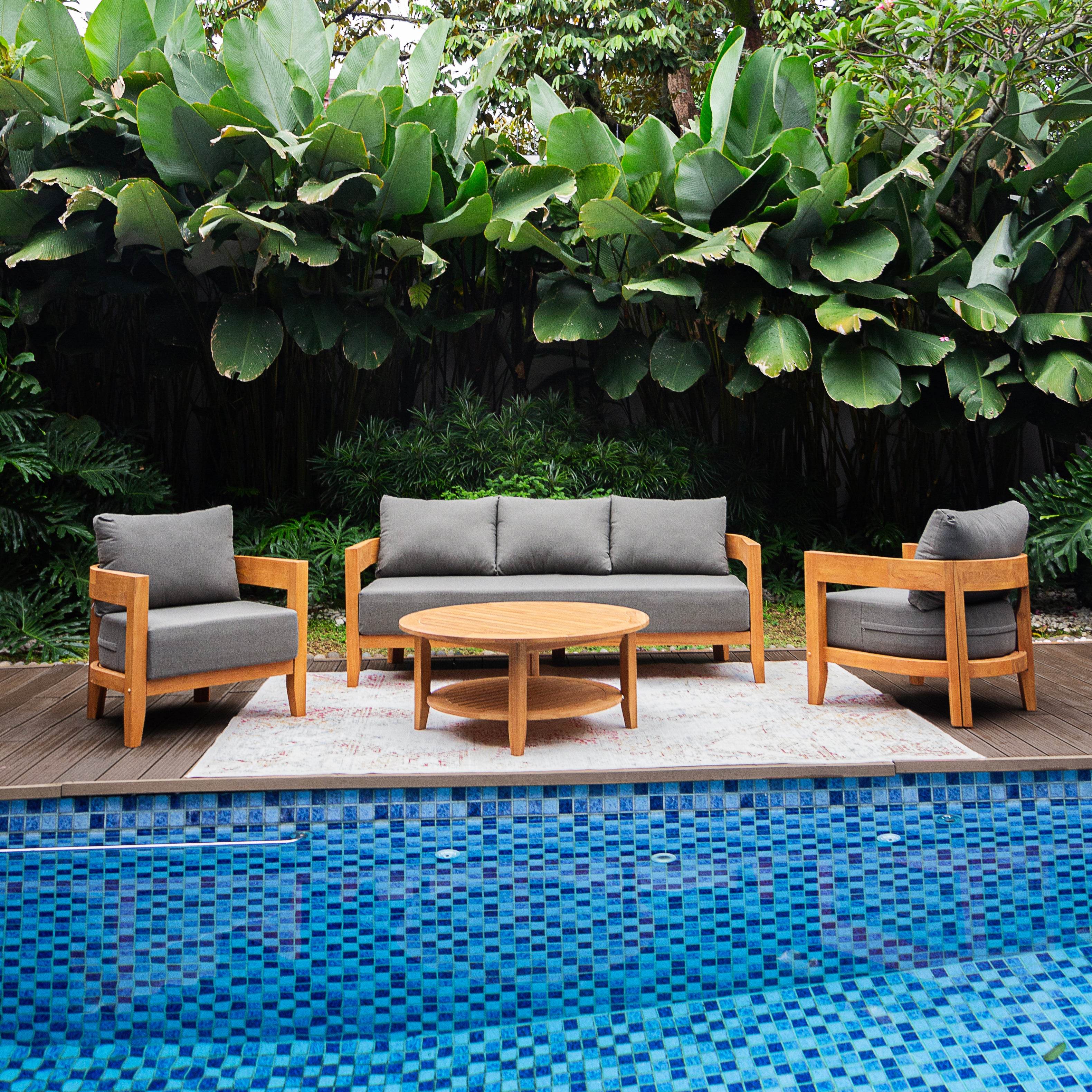 Harper Teak Wood Outdoor 4 Piece Conversation Set with Gray Cushion - Image 6