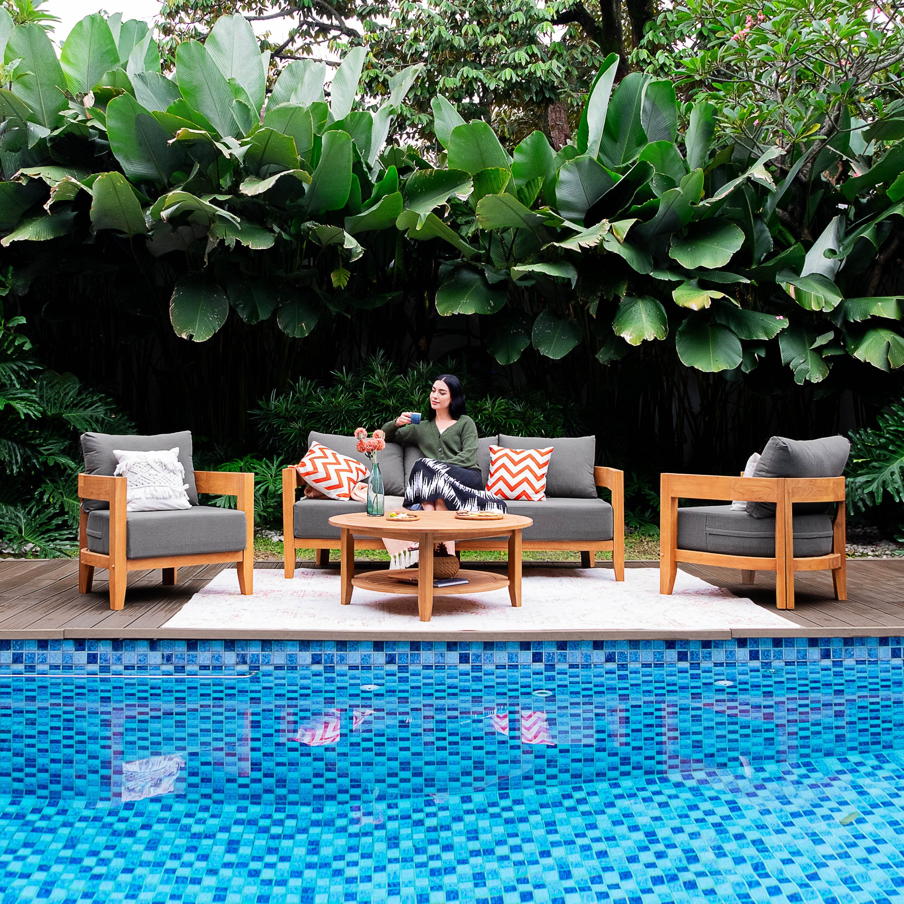 Harper Teak Wood Outdoor 4 Piece Conversation Set with Gray Cushion - Image 7