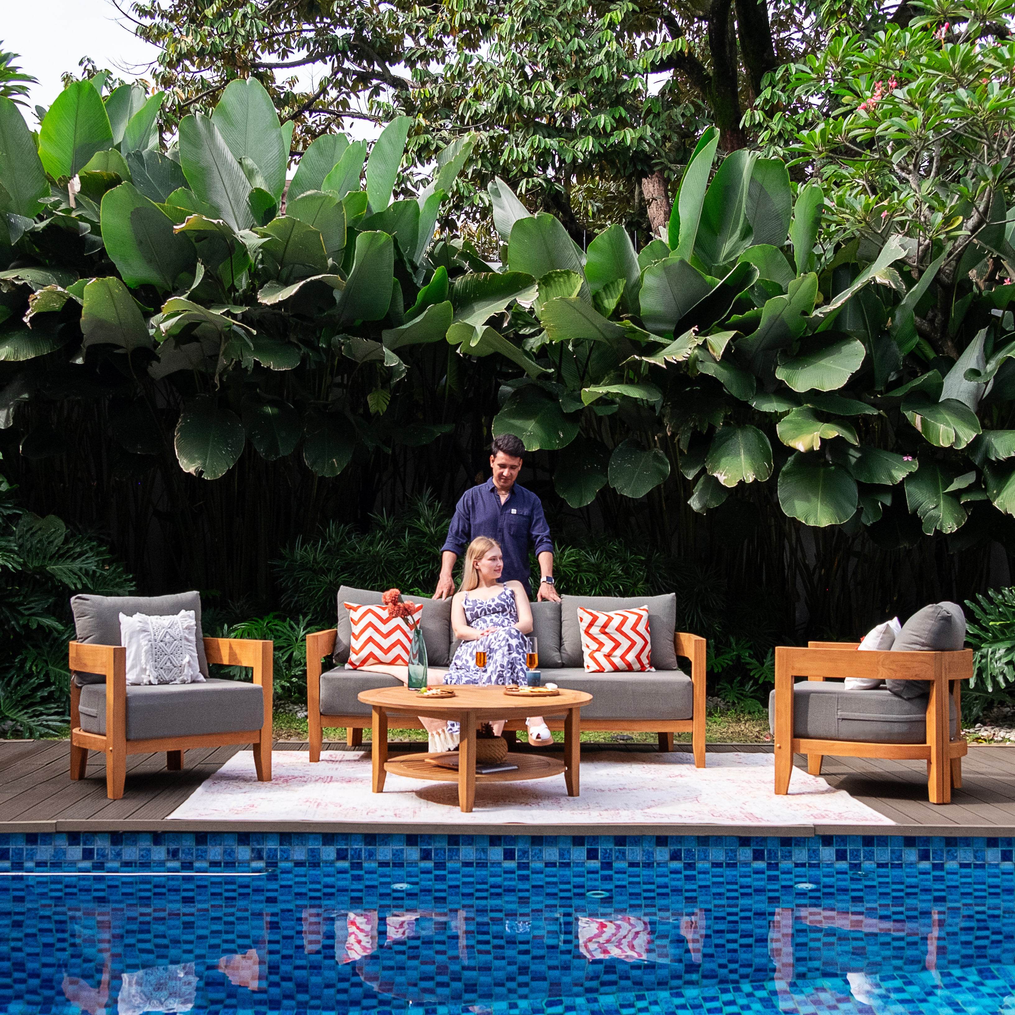 Harper Teak Wood Outdoor 4 Piece Conversation Set with Gray Cushion - Image 8