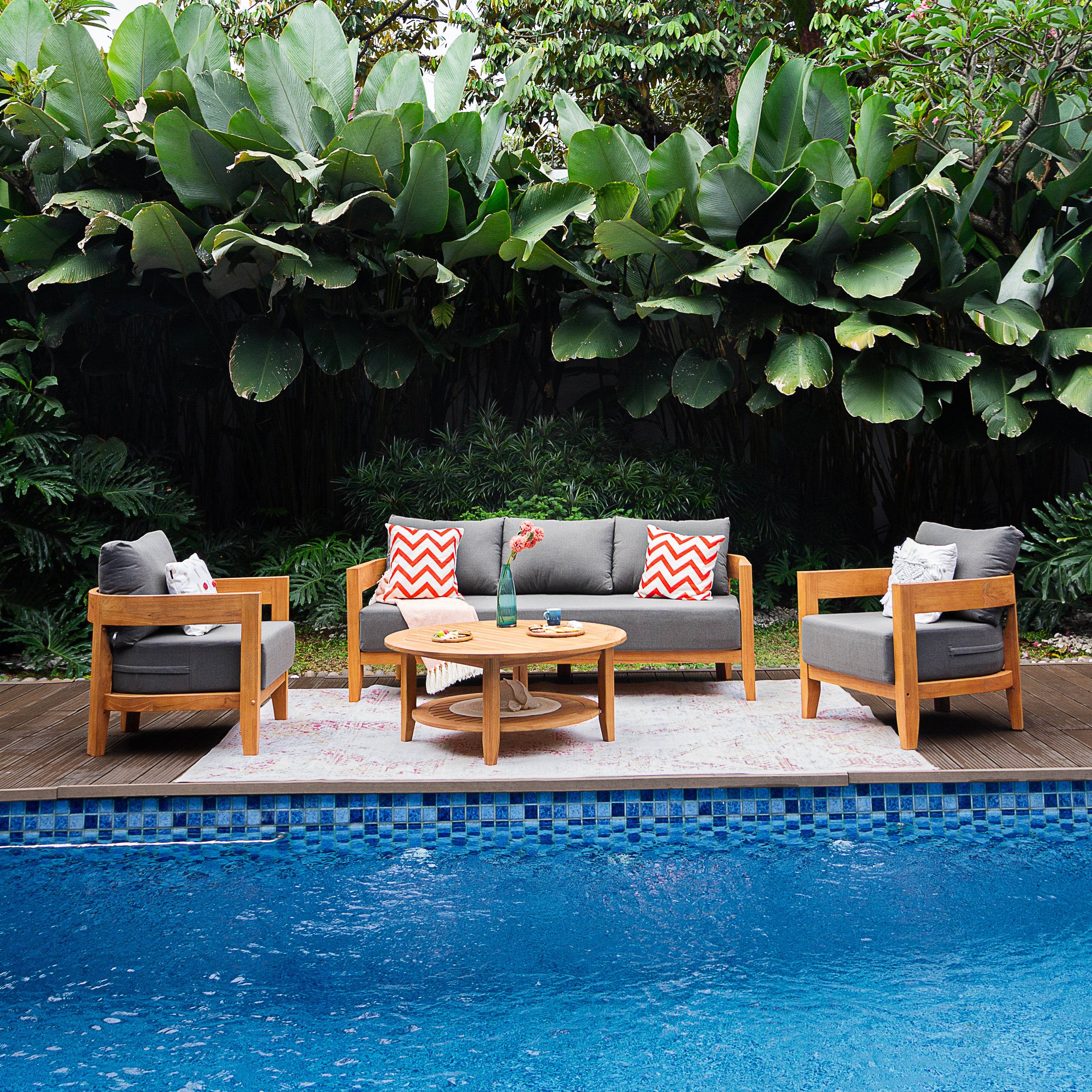 Harper Teak Wood Outdoor 4 Piece Conversation Set with Gray Cushion - Image 9
