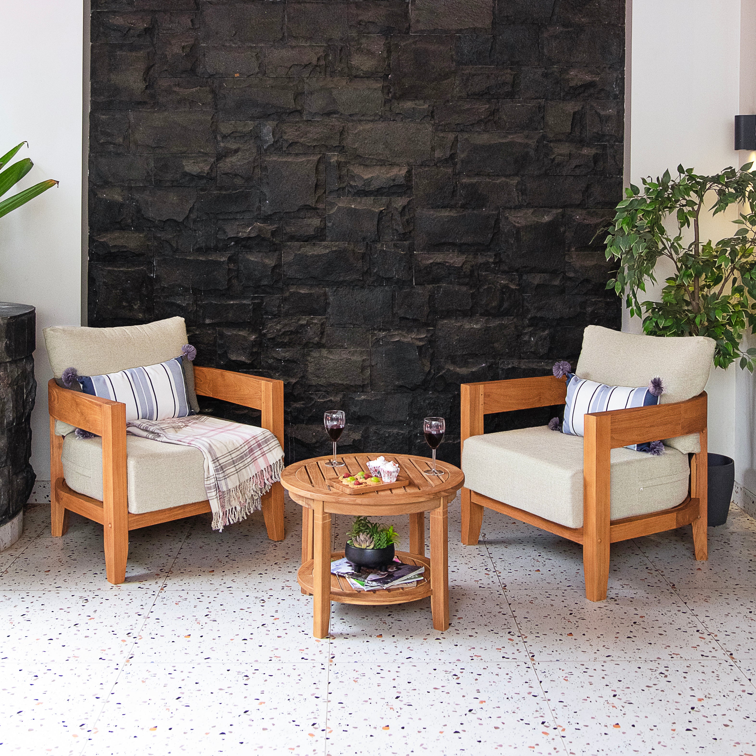 Harper Teak Wood Outdoor Lounge Chair with Ivory Cushion - Image 3