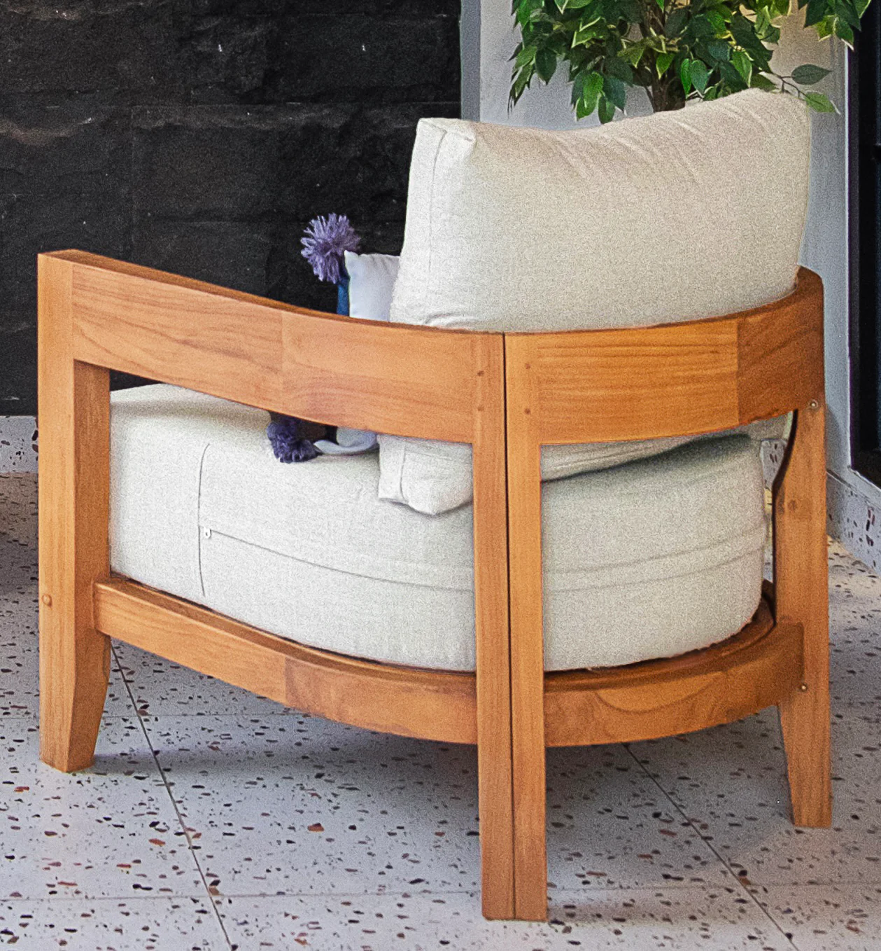 Harper Teak Wood Outdoor Lounge Chair with Ivory Cushion - Image 5
