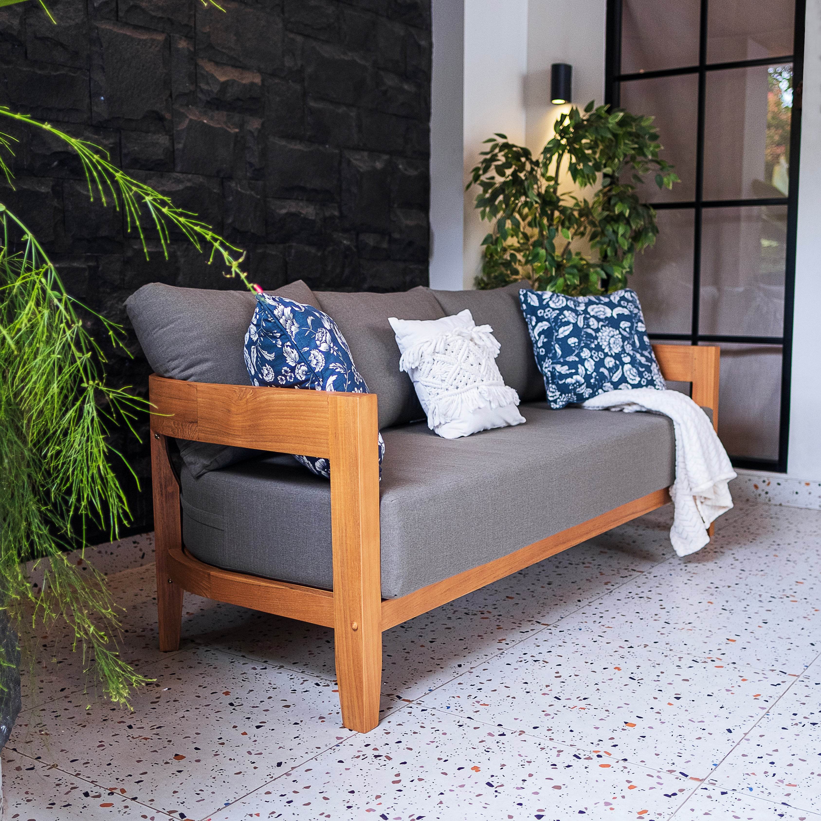 Harper Teak Wood Outdoor Sofa with Gray Cushion - Image 5
