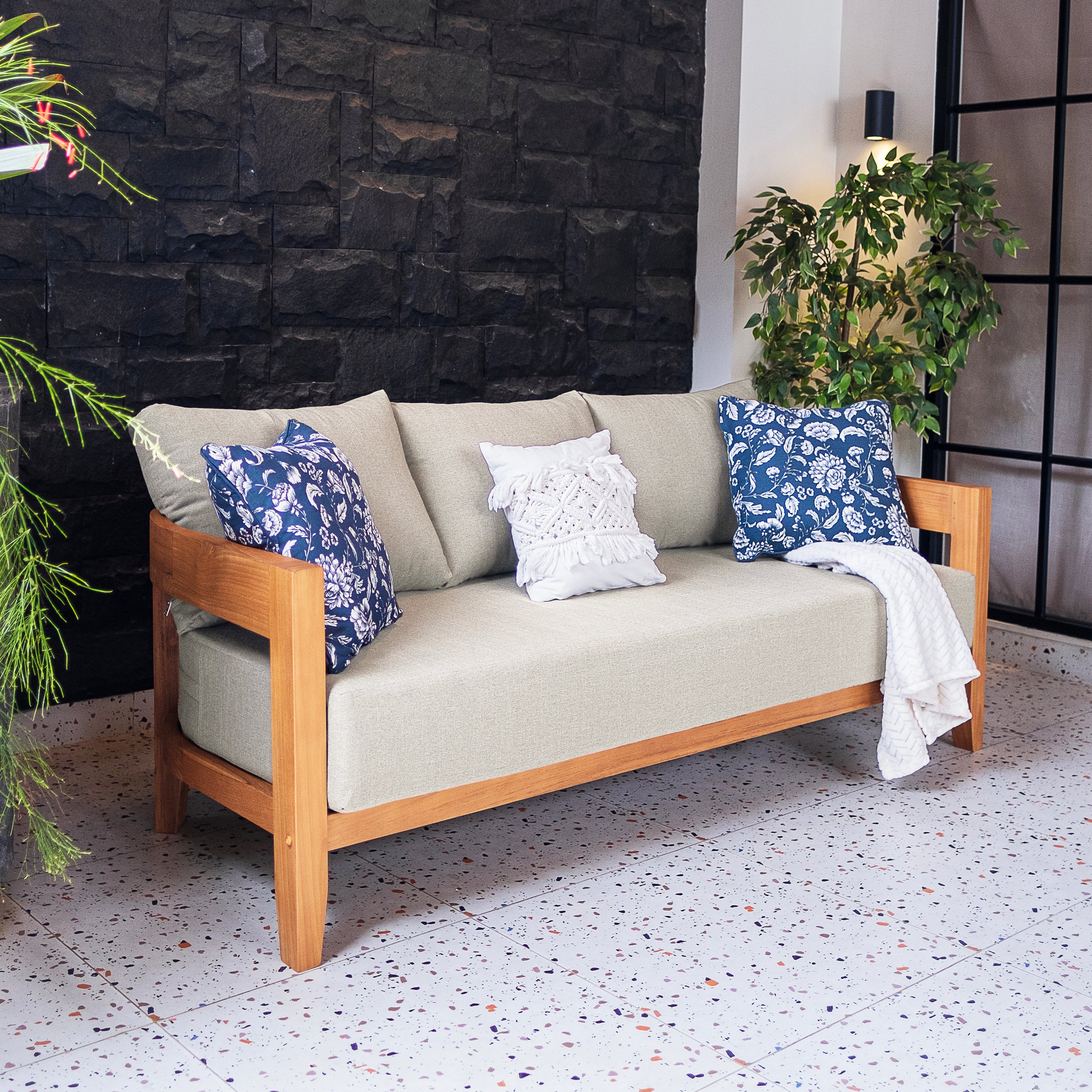 Harper Teak Wood Outdoor Sofa with Ivory Cushion - Image 3