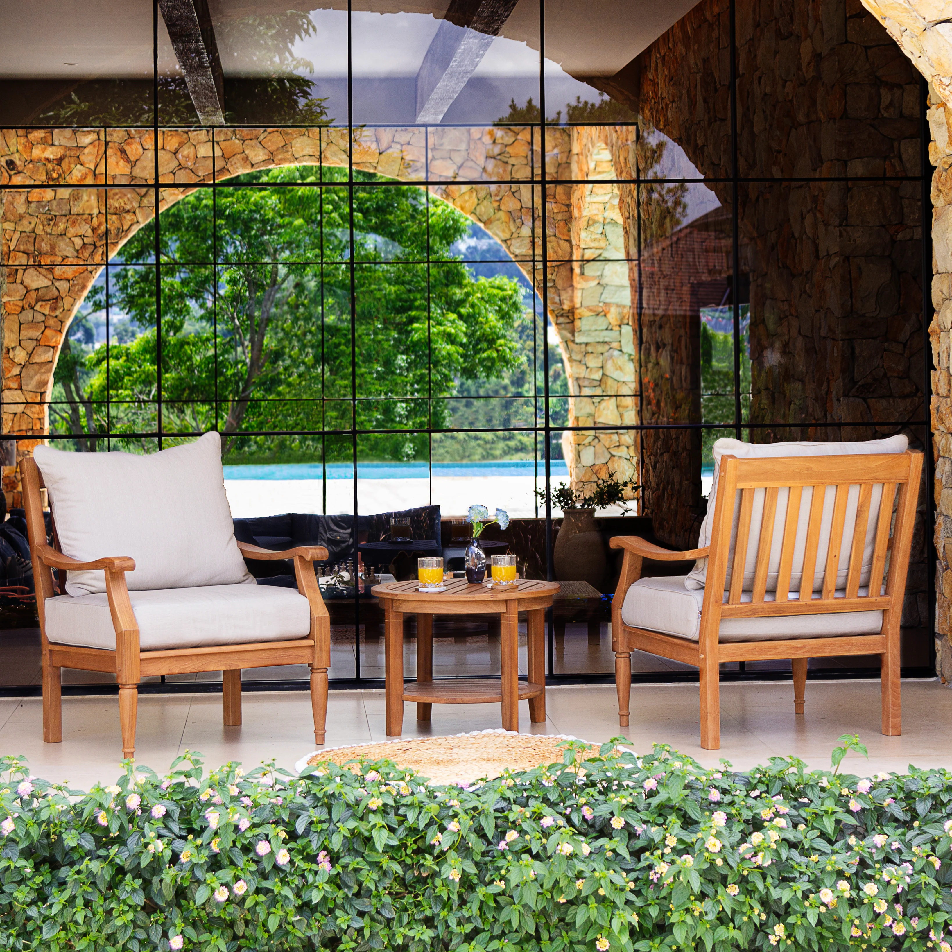 Livingston Teak Wood 3 Piece Patio Conversation Set with Beige Cushion - Image 3