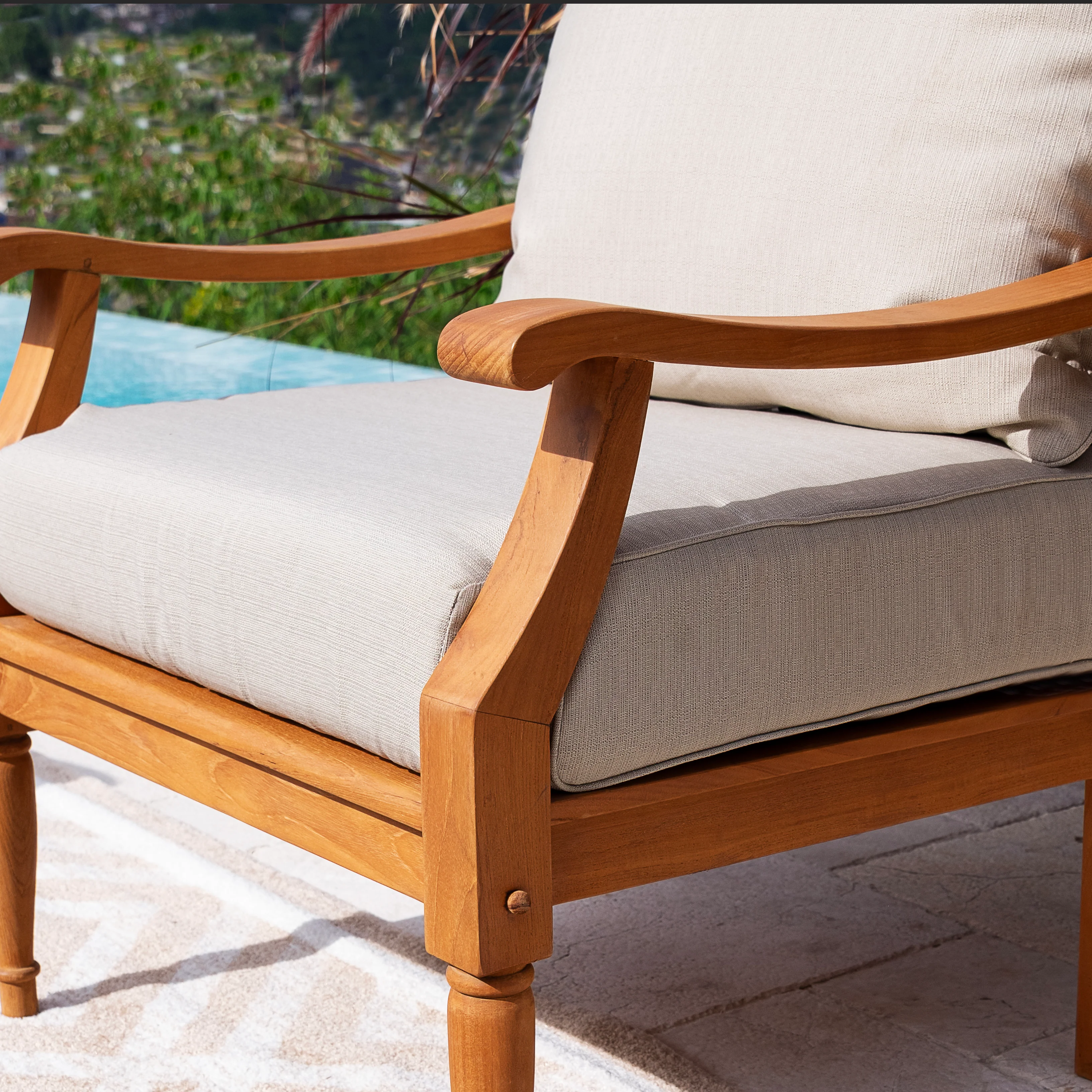 Livingston Teak Wood 3 Piece Patio Conversation Set with Beige Cushion - Image 8