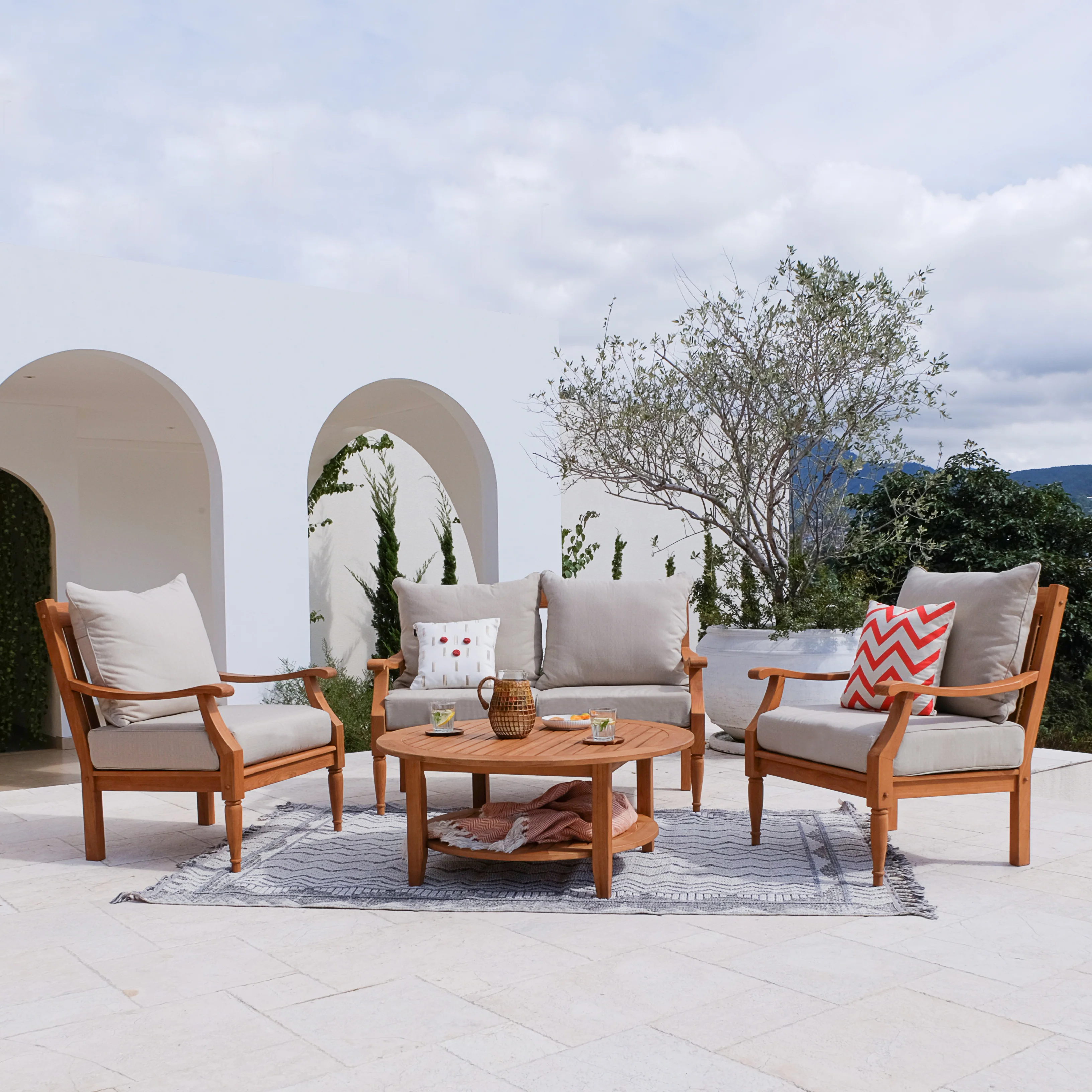 Livingston Teak Wood 4 Pieces Patio Conversation Set with Beige Cushion - Image 3