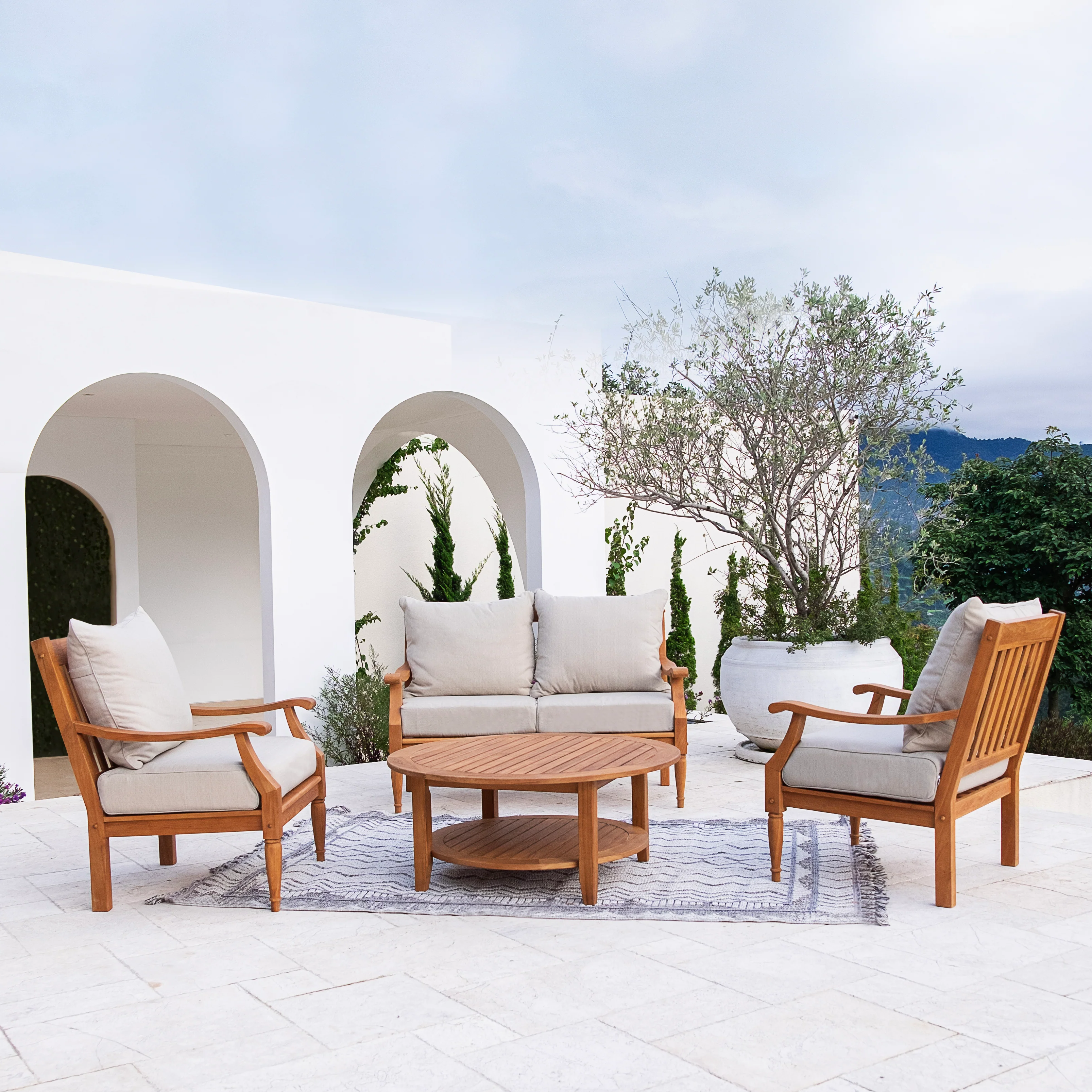 Livingston Teak Wood 4 Pieces Patio Conversation Set with Beige Cushion - Image 4