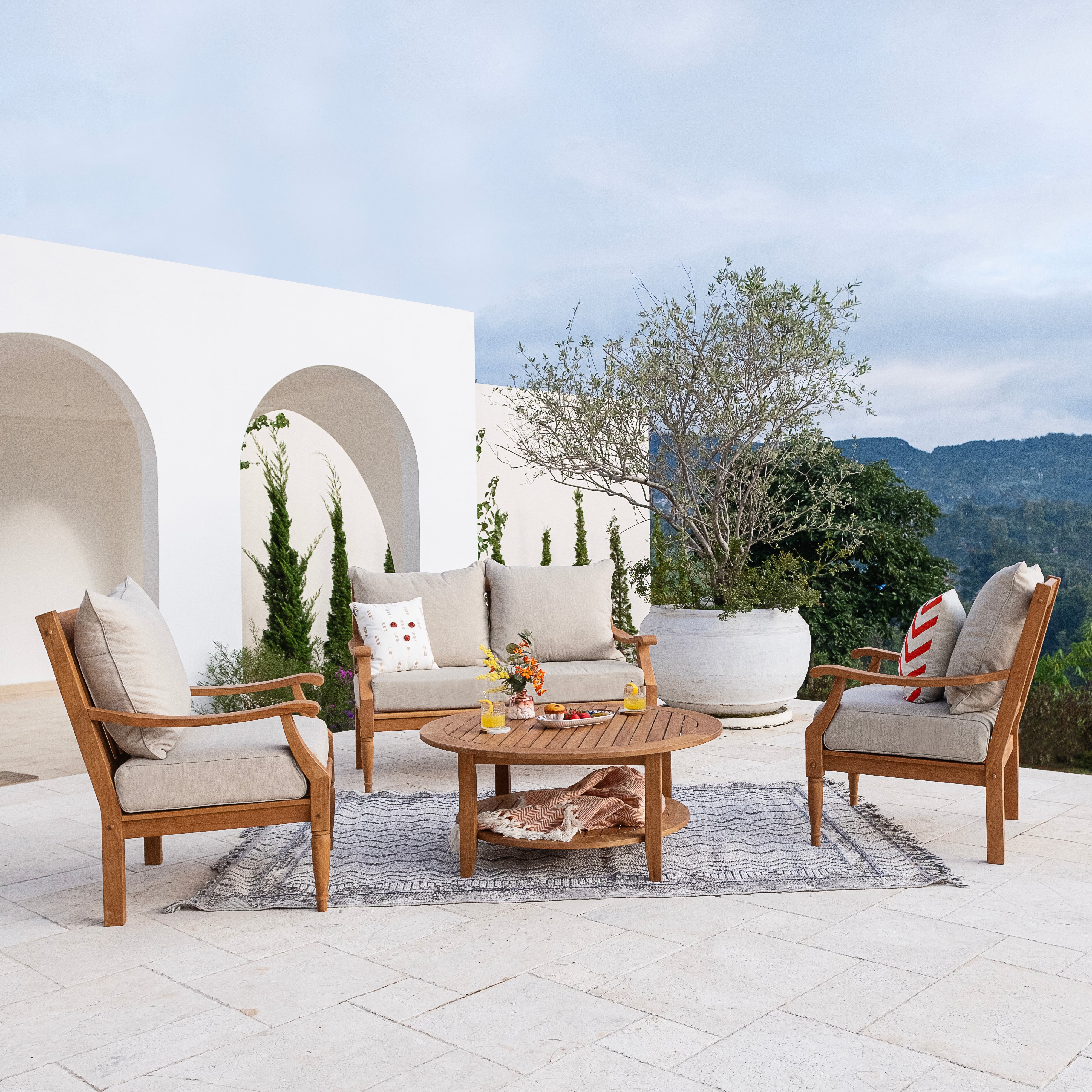 Livingston Teak Wood 4 Pieces Patio Conversation Set with Beige Cushion - Image 6